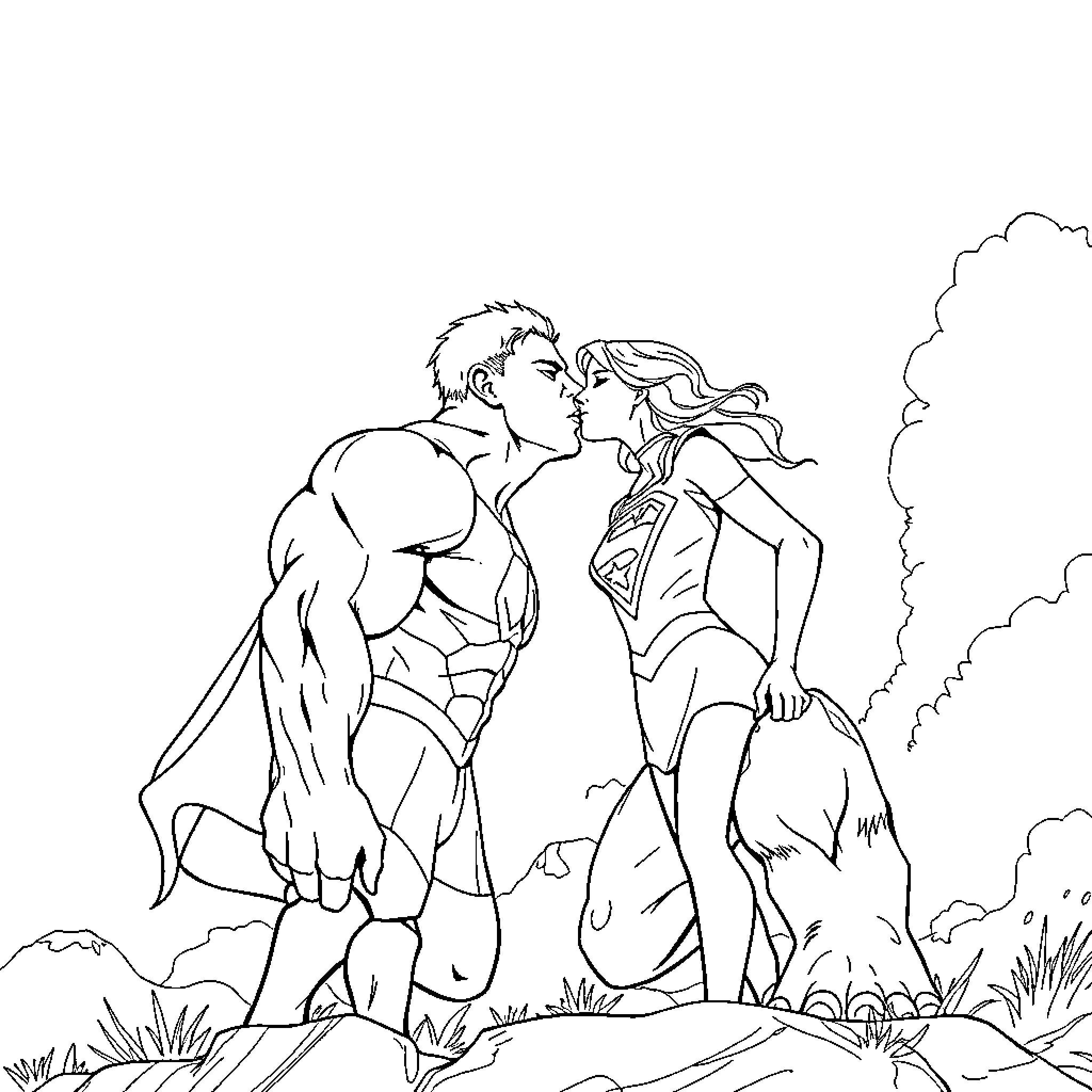 Hulk and partner embrace in the wilderness Coloring Page (free black-and-white line drawing printable PDF for all, from beginners to advanced learners, including children, teens, adults, and seniors)