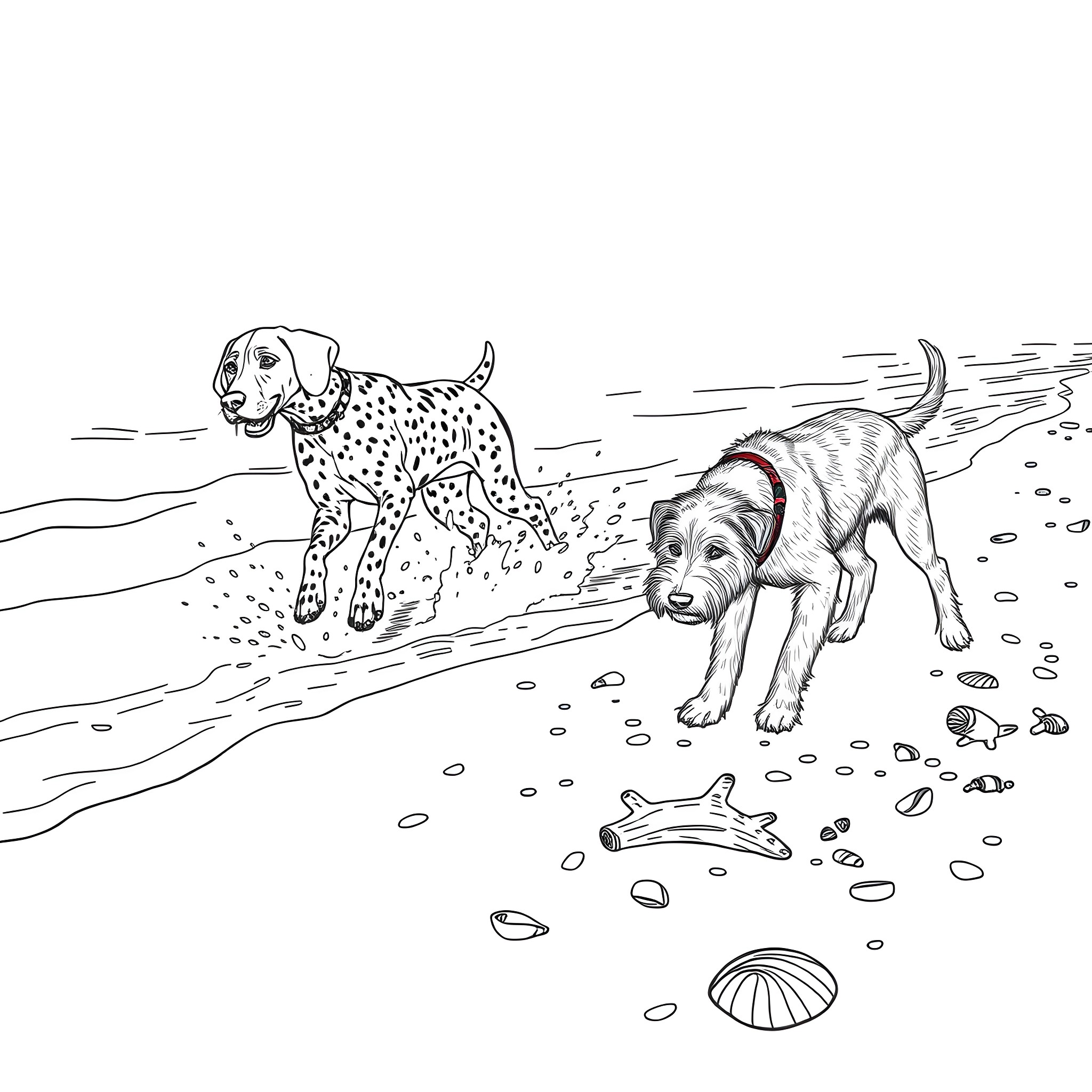 Dogs playing on the beach Coloring Page (free black-and-white line drawing printable PDF for all, from beginners to advanced learners, including children, teens, adults, and seniors)
