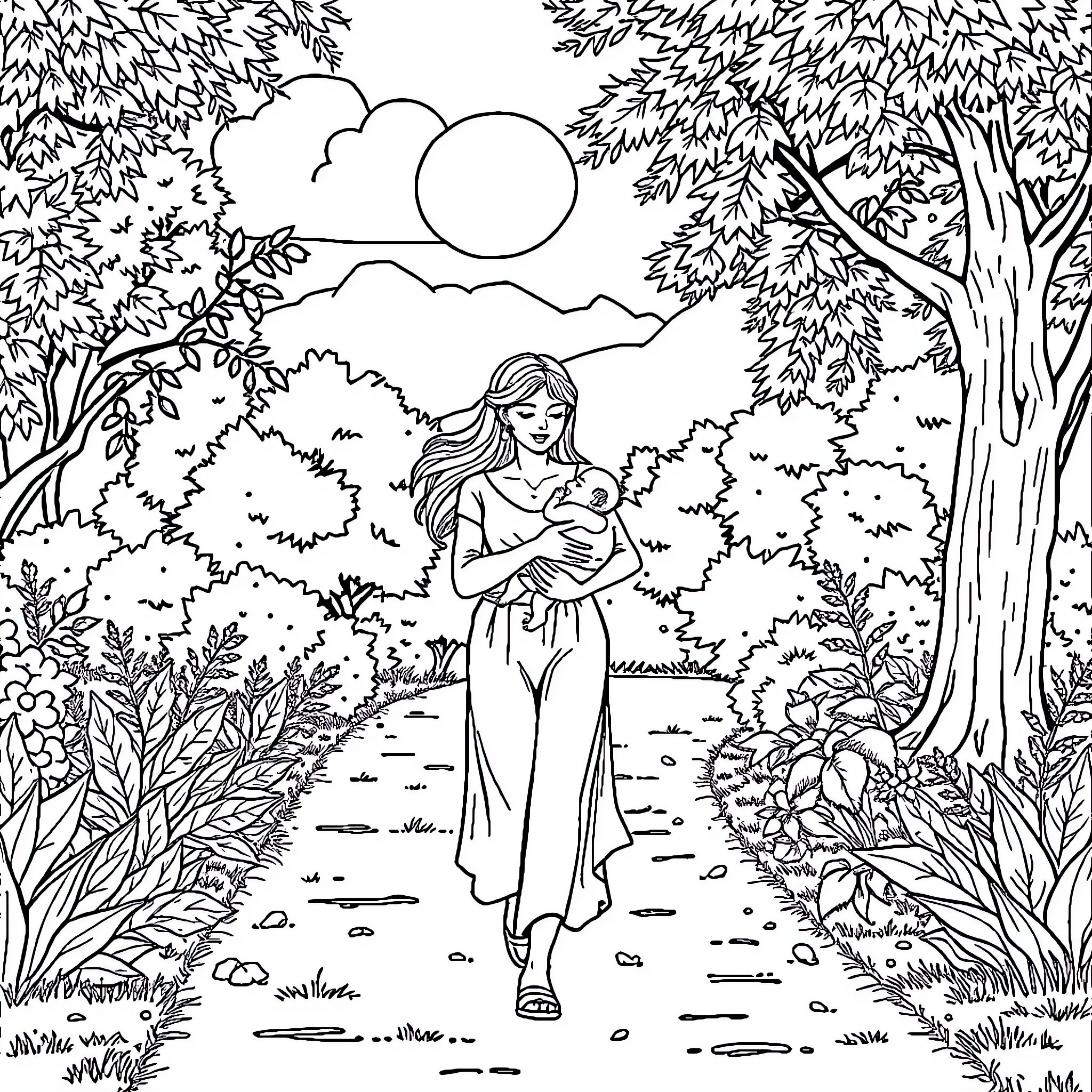 Woman walking through a peaceful nature landscape Coloring Page (free black-and-white line drawing printable PDF for all, from beginners to advanced learners, including children, teens, adults, and seniors)