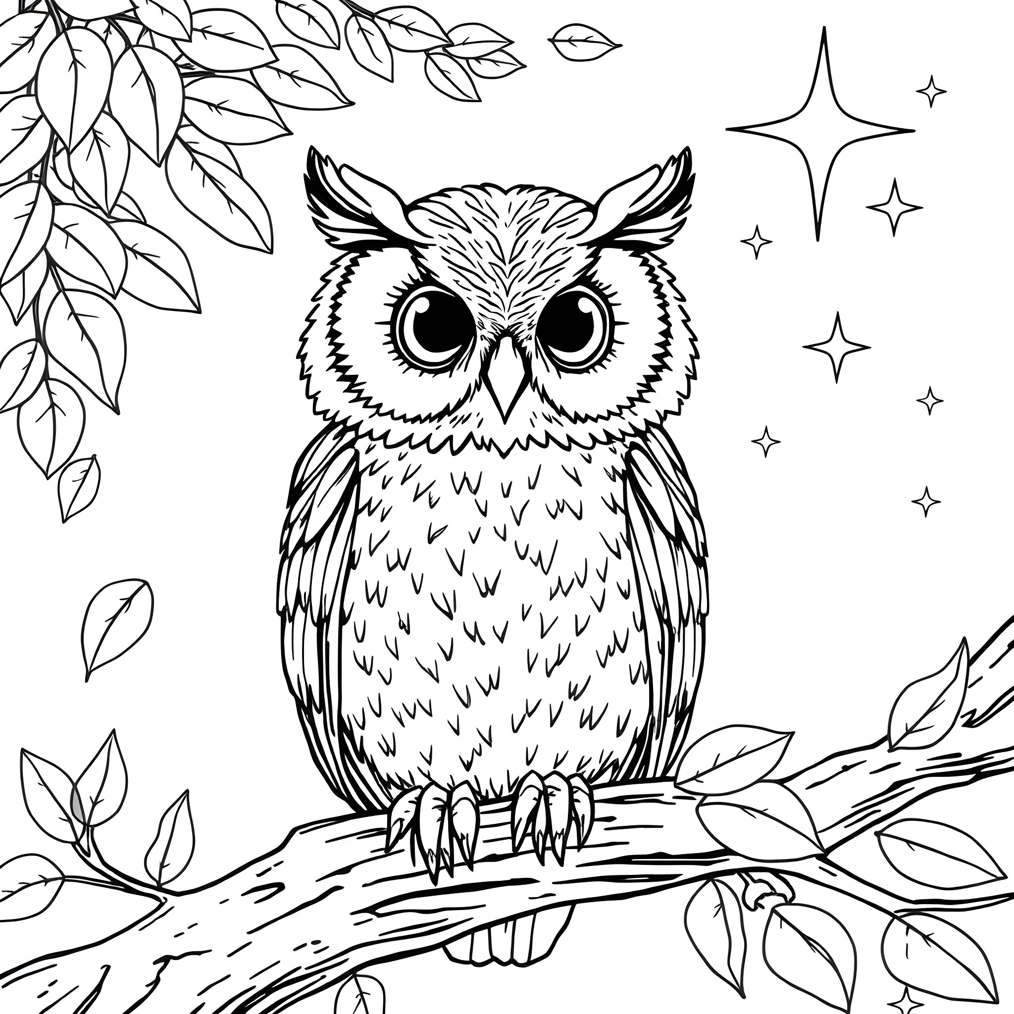Owl gazing attentively in the night sky Coloring Page (free black-and-white line drawing printable PDF for all, from beginners to advanced learners, including children, teens, adults, and seniors)