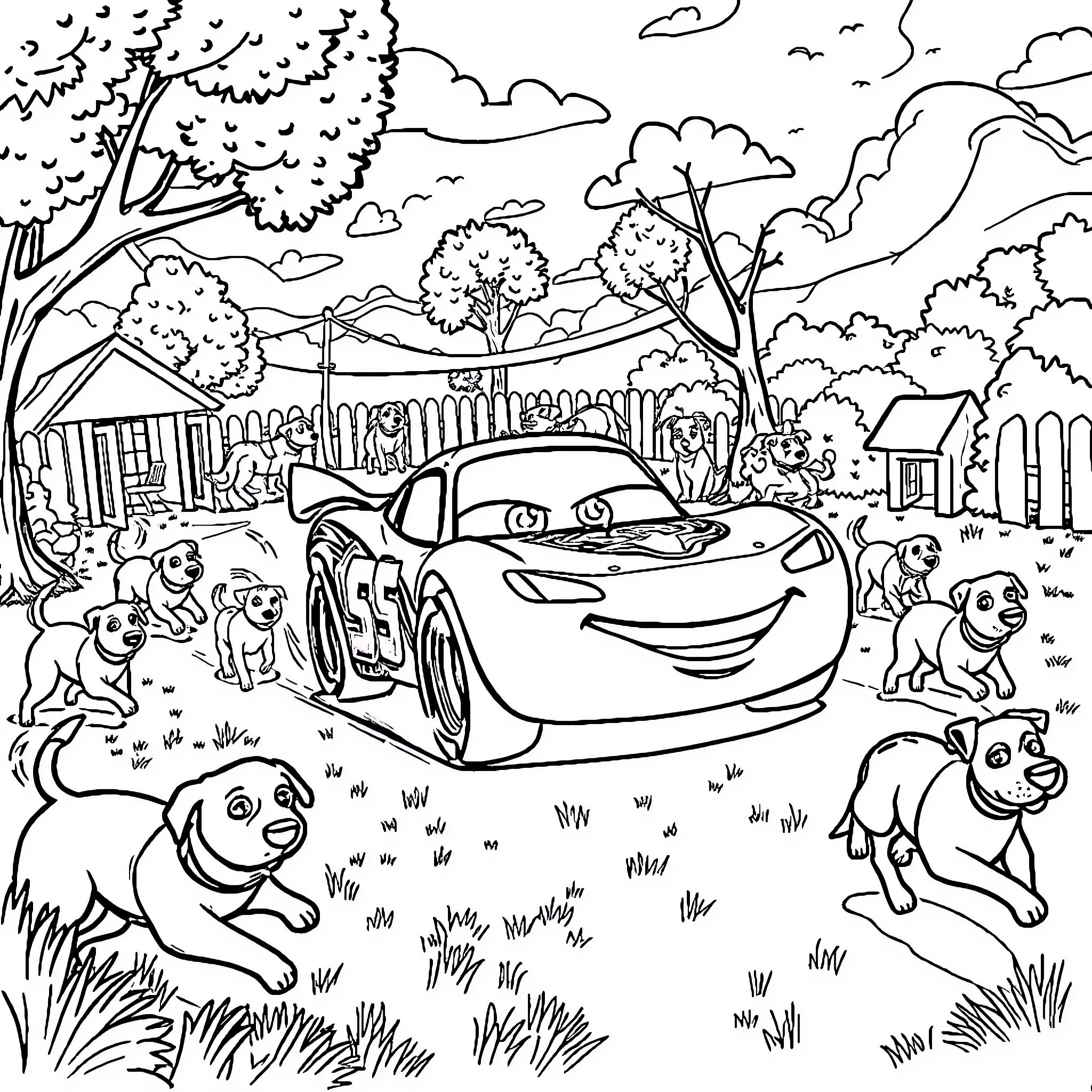 Lightning McQueen playing with puppies in the countryside Coloring Page (free black-and-white line drawing printable PDF for all, from beginners to advanced learners, including children, teens, adults, and seniors)