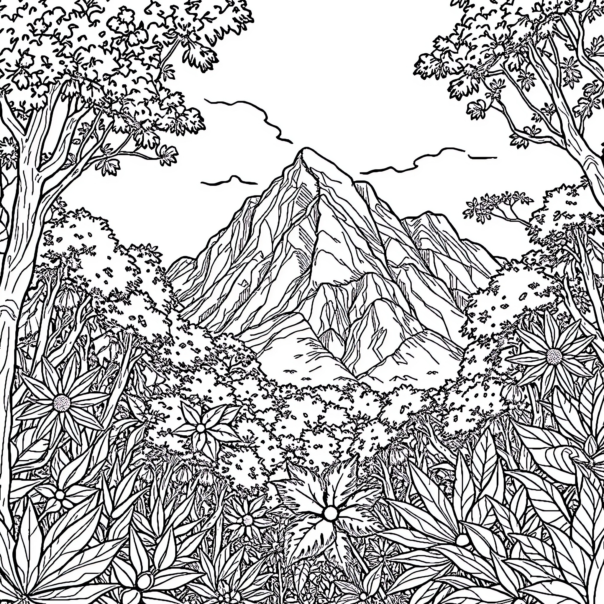 Forklift navigating through lush mountain landscape Coloring Page (free black-and-white line drawing printable PDF for all, from beginners to advanced learners, including children, teens, adults, and seniors)
