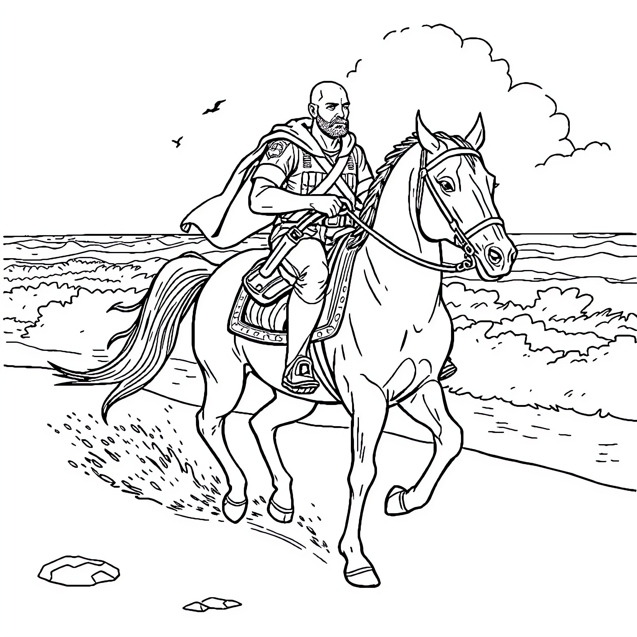Marine Rider Galloping on Horseback by the Sea Coloring Page (free black-and-white line drawing printable PDF for all, from beginners to advanced learners, including children, teens, adults, and seniors)