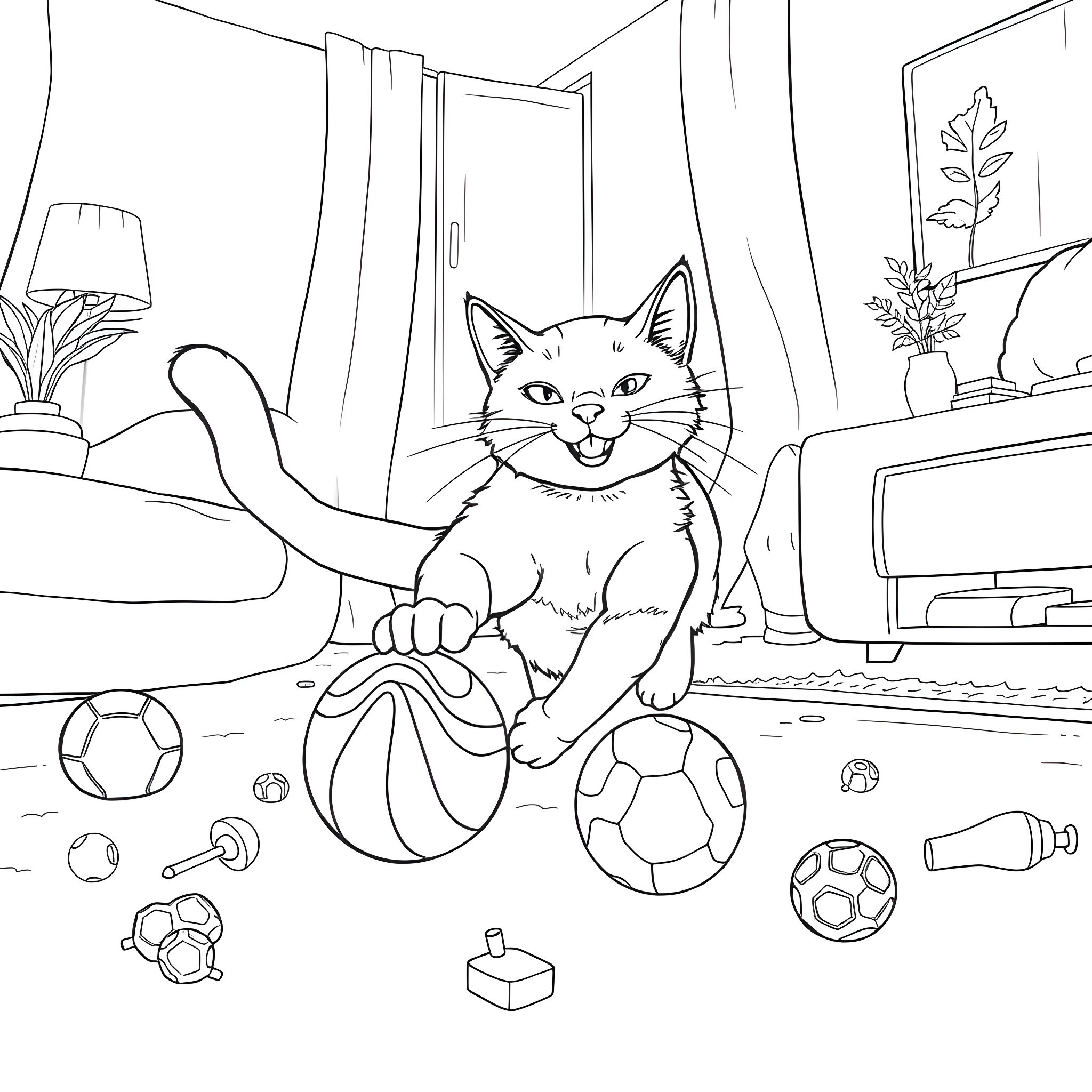 Cat playing with toys in living room Coloring Page (free black-and-white line drawing printable PDF for all, from beginners to advanced learners, including children, teens, adults, and seniors)
