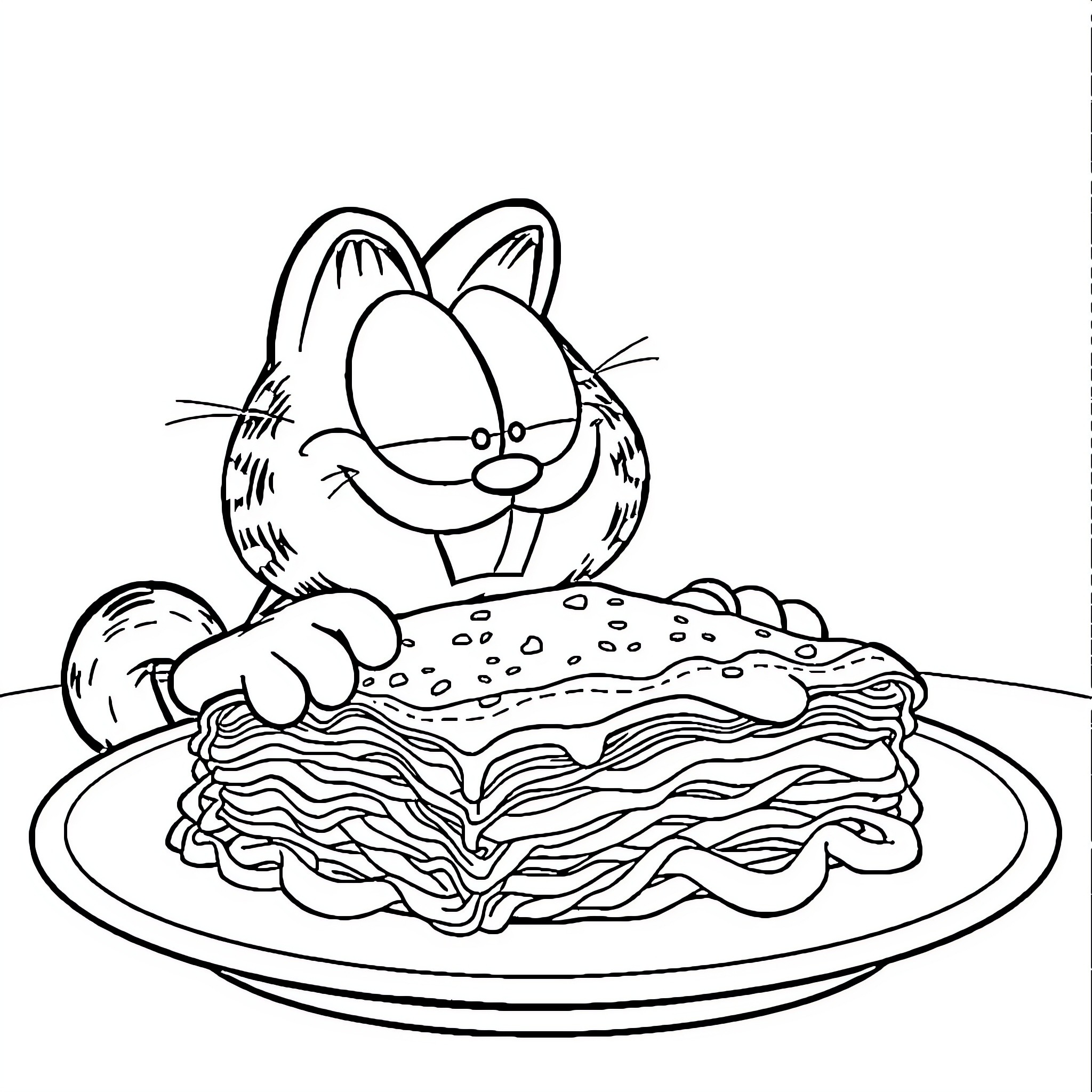 Garfield enjoying a delicious lasagna meal Coloring Page (free black-and-white line drawing printable PDF for all, from beginners to advanced learners, including children, teens, adults, and seniors)