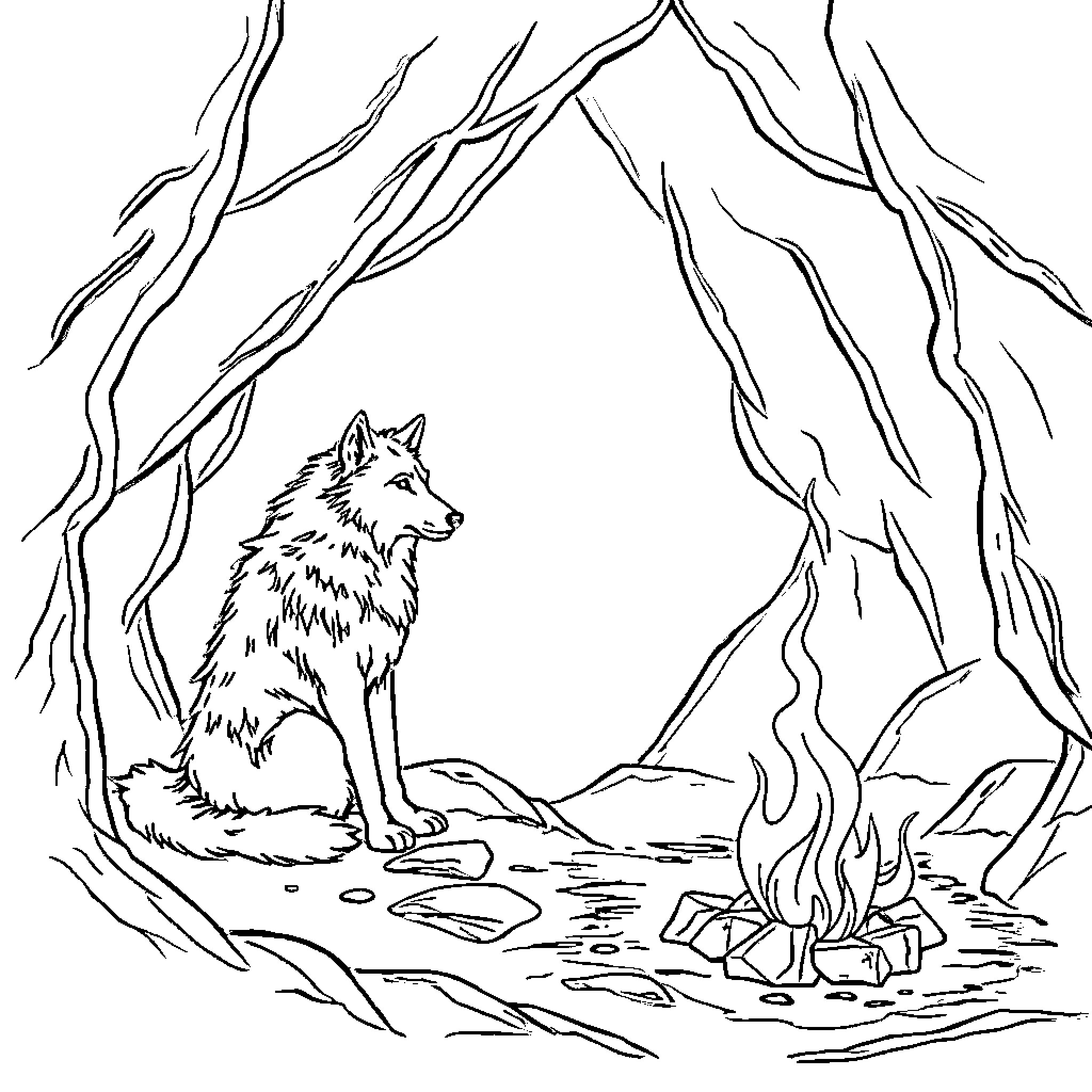 Wolf sitting by a campfire in the forest Coloring Page (free black-and-white line drawing printable PDF for all, from beginners to advanced learners, including children, teens, adults, and seniors)
