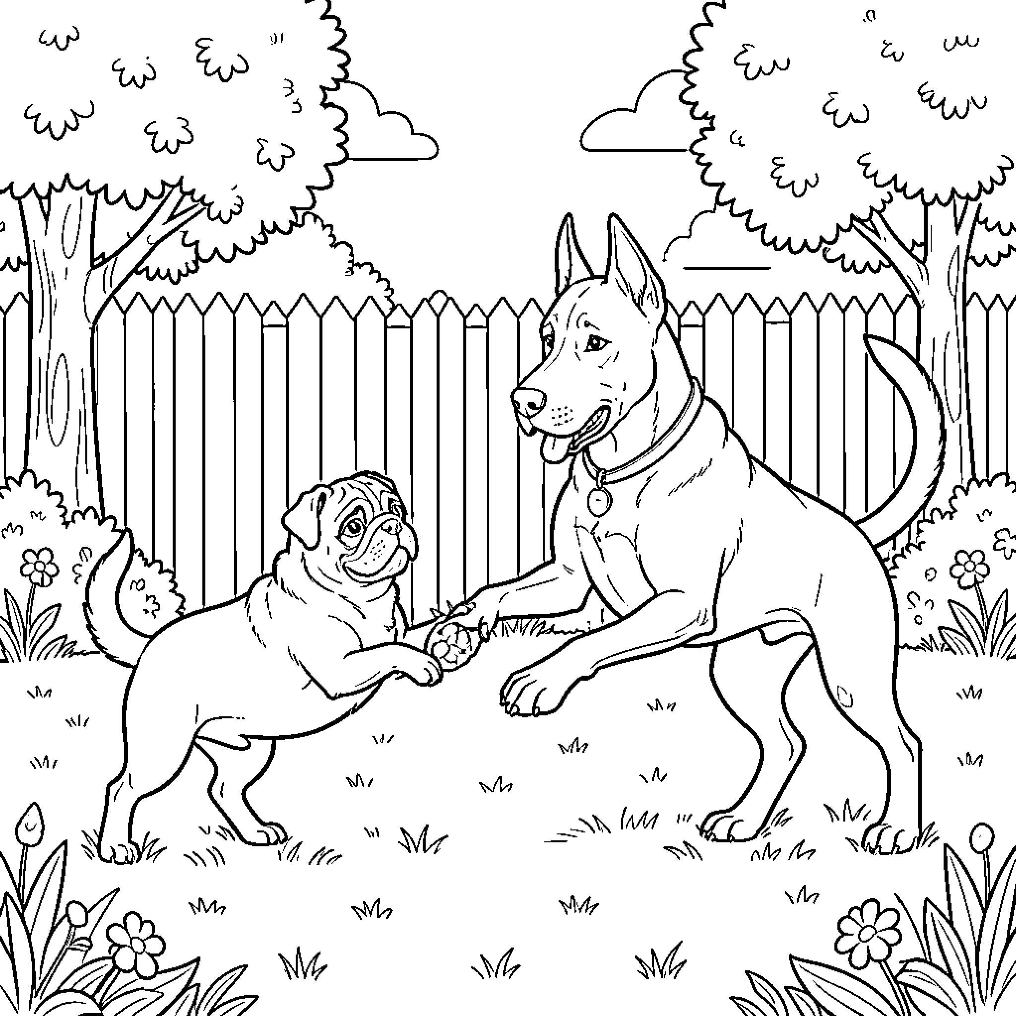 Dog playing and interacting with another dog in garden Coloring Page (free black-and-white line drawing printable PDF for all, from beginners to advanced learners, including children, teens, adults, and seniors)