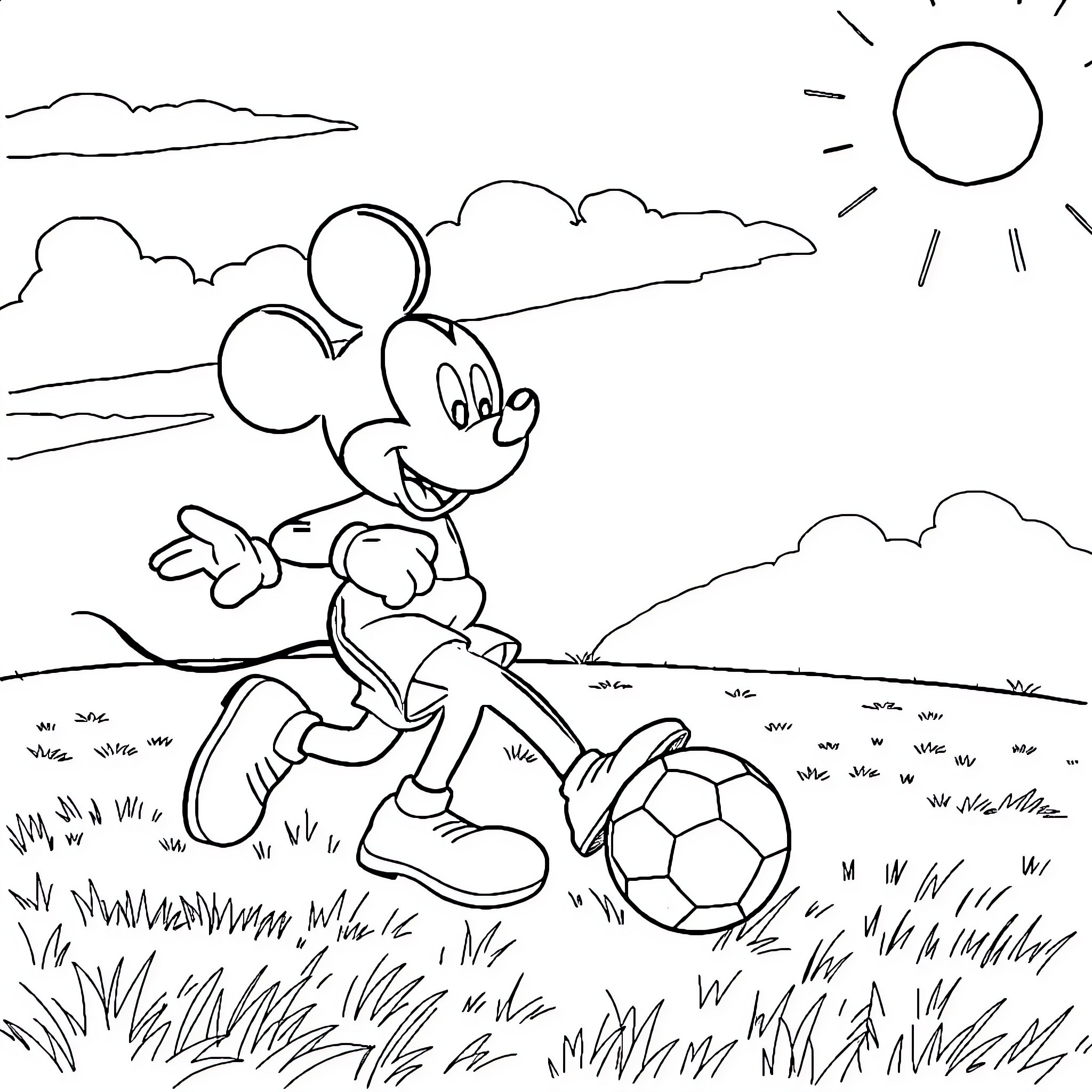 Mickey Mouse playing with a soccer ball outdoors Coloring Page (free black-and-white line drawing printable PDF for all, from beginners to advanced learners, including children, teens, adults, and seniors)