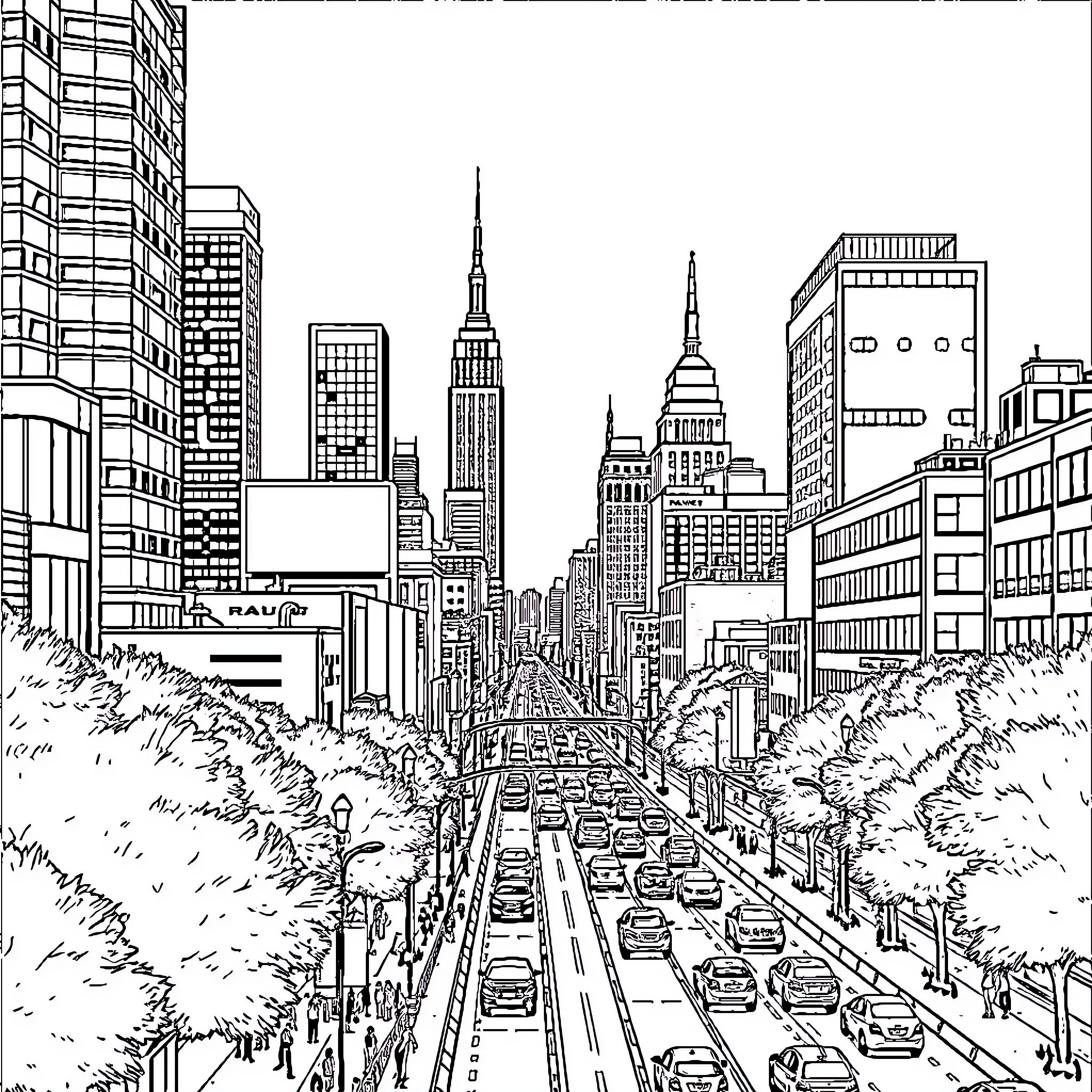 City skyline with bustling traffic and towering skyscrapers Coloring Page (free black-and-white line drawing printable PDF for all, from beginners to advanced learners, including children, teens, adults, and seniors)