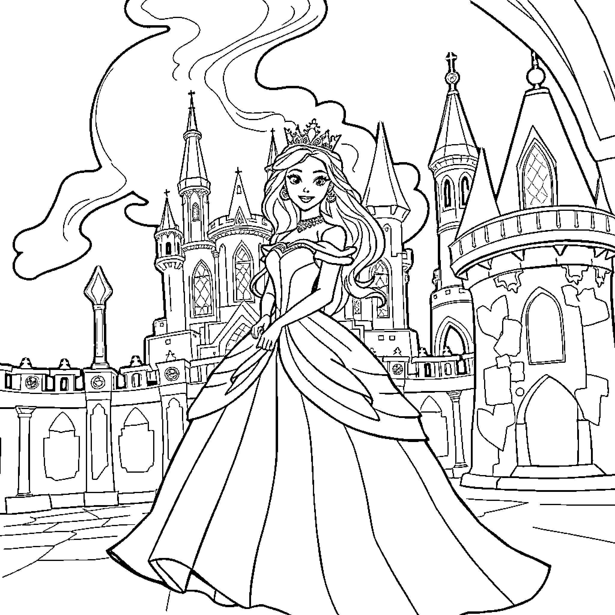 Princess in a Regal Dress Amid Castle Towers Coloring Page (free black-and-white line drawing printable PDF for all, from beginners to advanced learners, including children, teens, adults, and seniors)