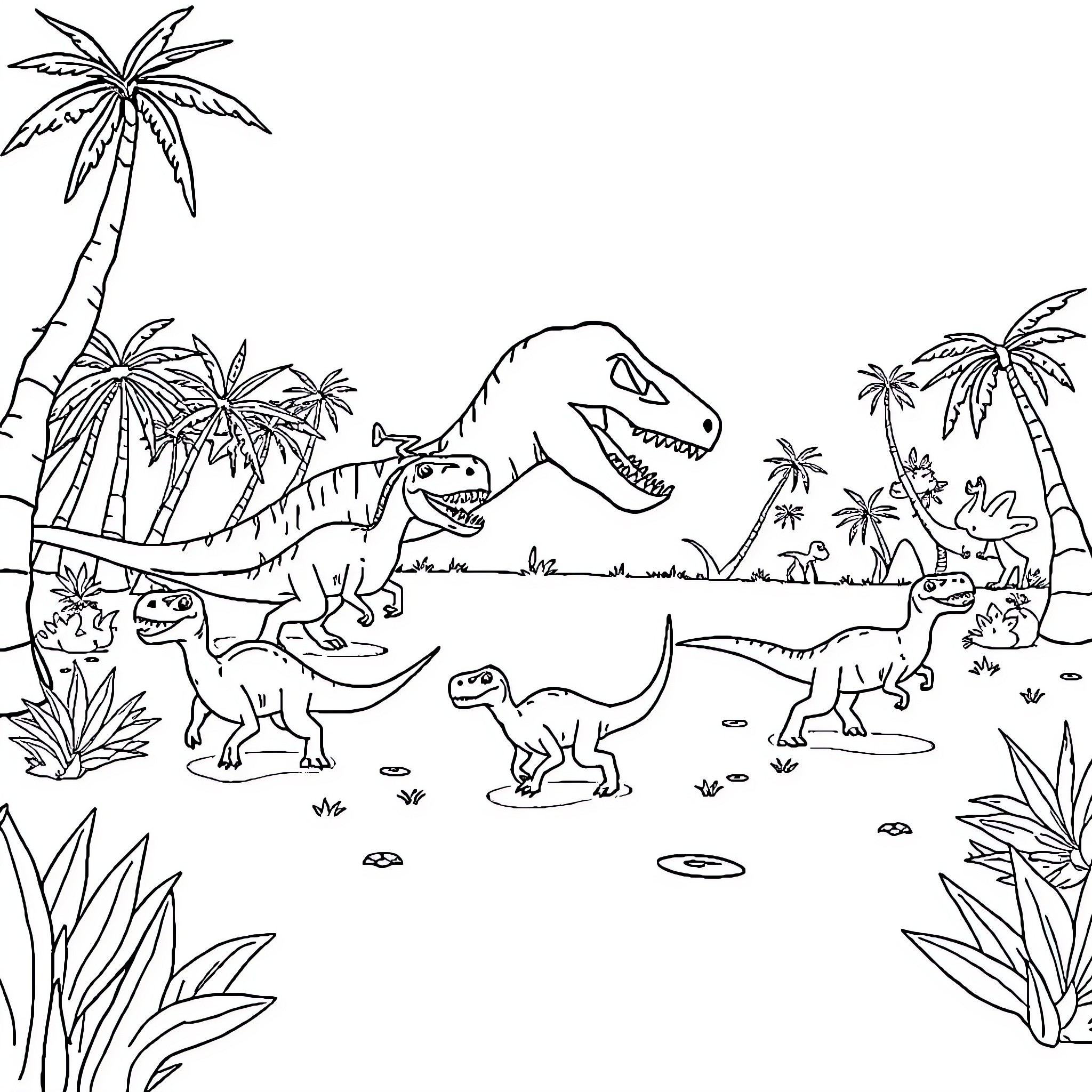 Dinosaurs roaming through a tropical landscape Coloring Page (free black-and-white line drawing printable PDF for all, from beginners to advanced learners, including children, teens, adults, and seniors)