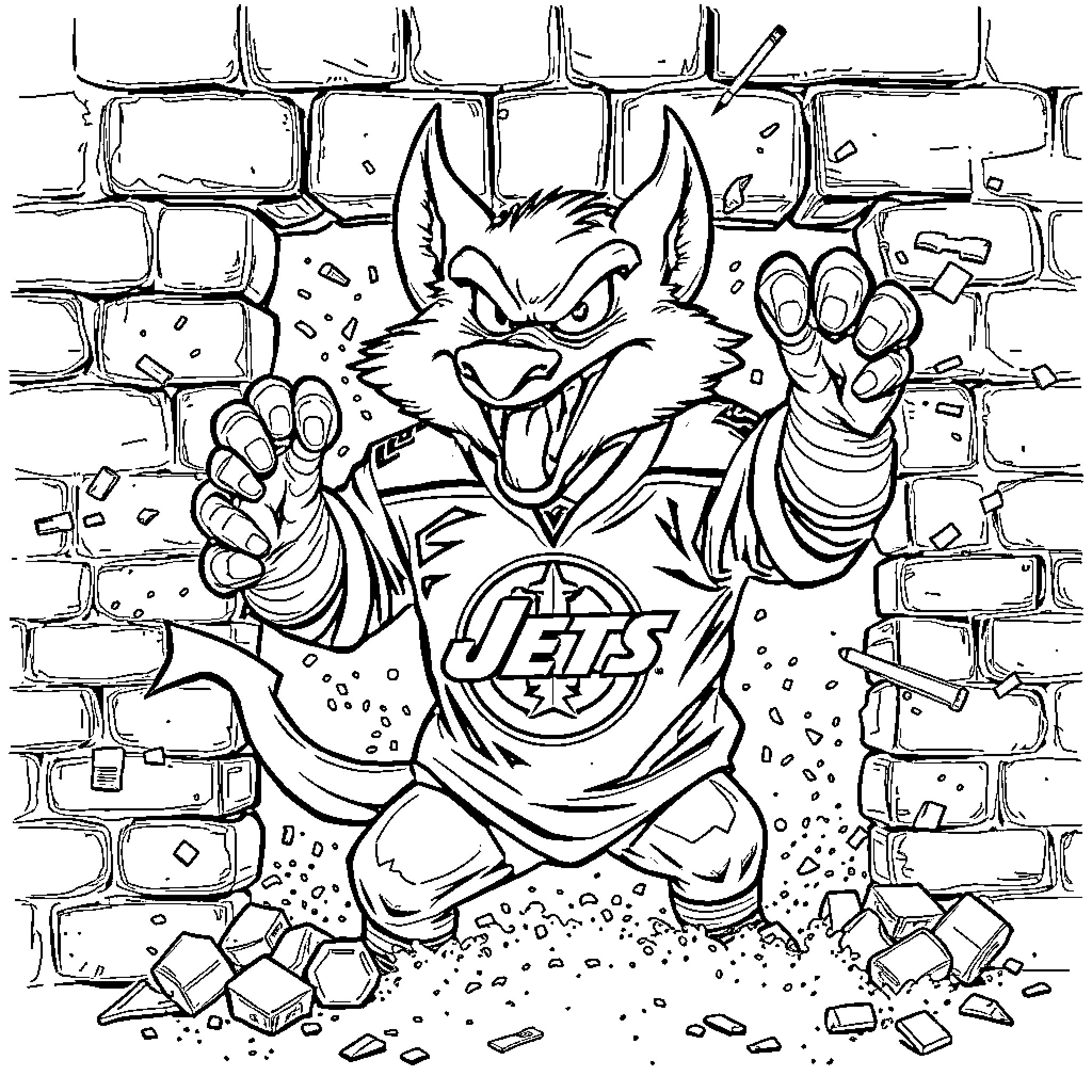 Tasmanian Devil bursting through brick wall with Jets jersey Coloring Page (free black-and-white line drawing printable PDF for all, from beginners to advanced learners, including children, teens, adults, and seniors)