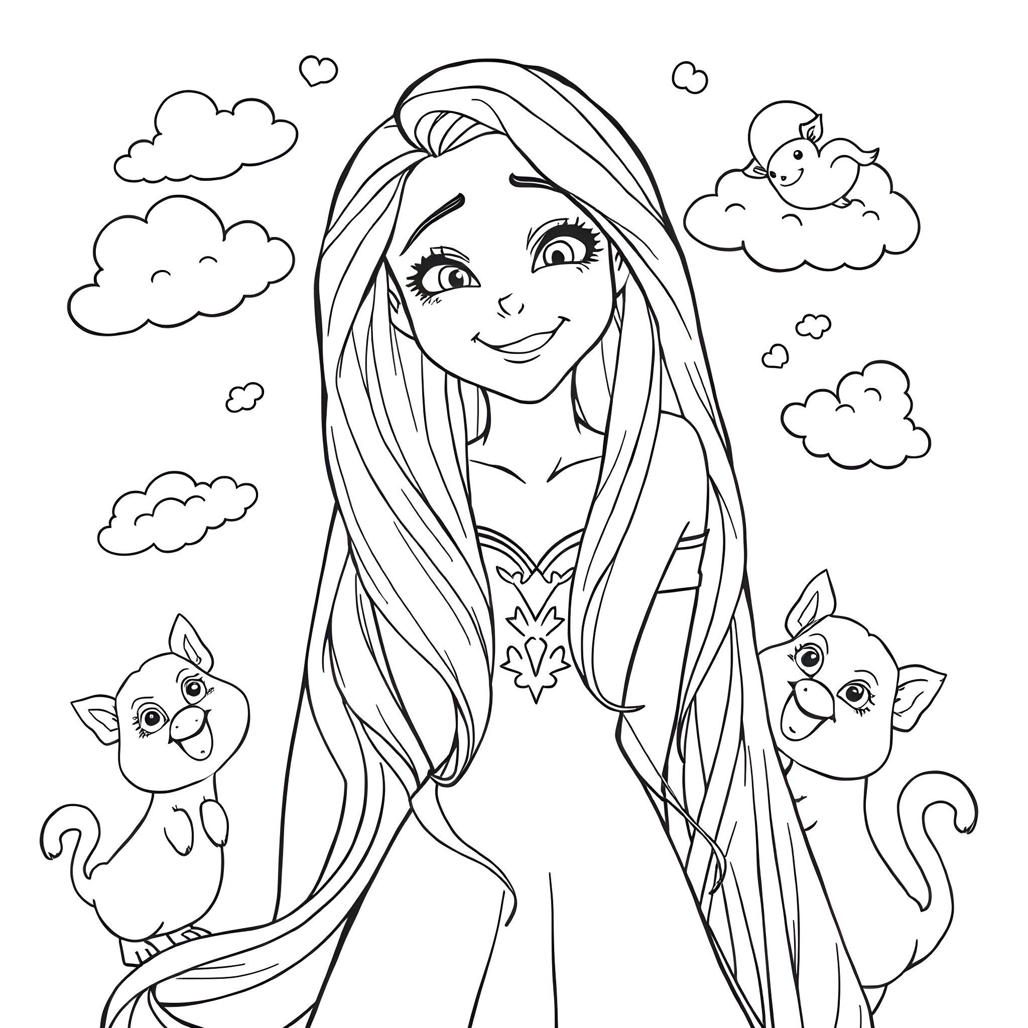 Rapunzel's Whimsical Adventure with Woodland Creatures Coloring Page (free black-and-white line drawing printable PDF for all, from beginners to advanced learners, including children, teens, adults, and seniors)