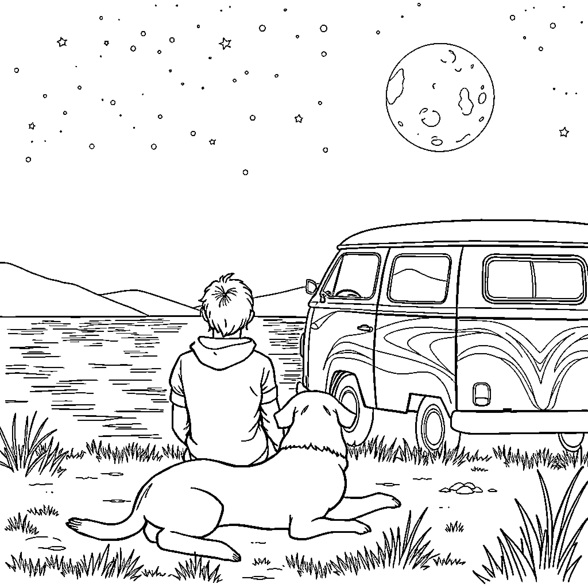 Girl relaxing with her dog under the starry night sky Coloring Page (free black-and-white line drawing printable PDF for all, from beginners to advanced learners, including children, teens, adults, and seniors)