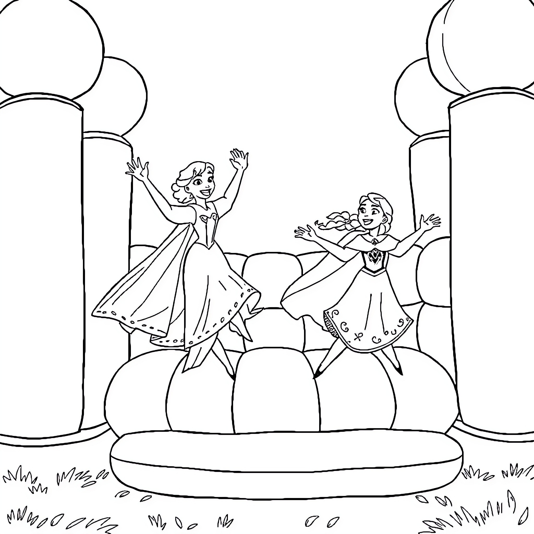 Elsa and Anna's Enchanted Dance Coloring Page (free black-and-white line drawing printable PDF for all, from beginners to advanced learners, including children, teens, adults, and seniors)