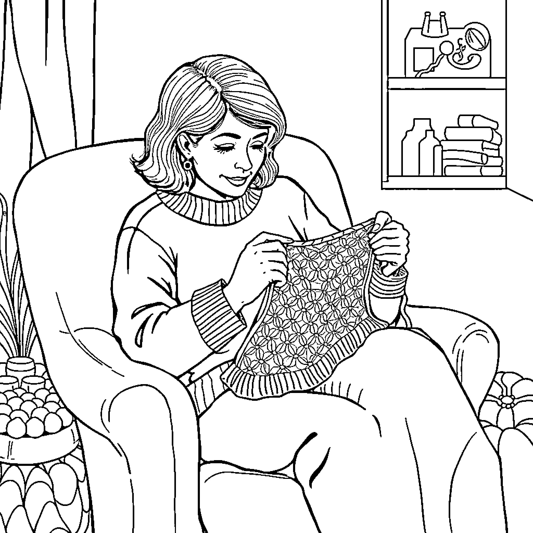 Mom relaxing and crafting at home Coloring Page (free black-and-white line drawing printable PDF for all, from beginners to advanced learners, including children, teens, adults, and seniors)