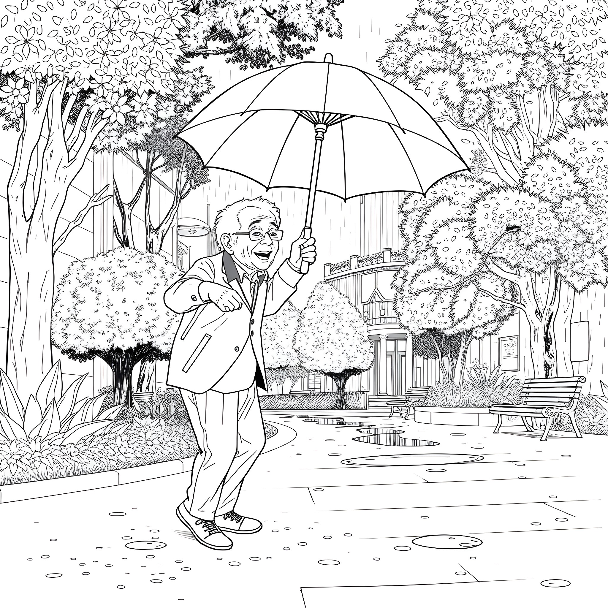 Man walking with umbrella in park Coloring Page (free black-and-white line drawing printable PDF for all, from beginners to advanced learners, including children, teens, adults, and seniors)