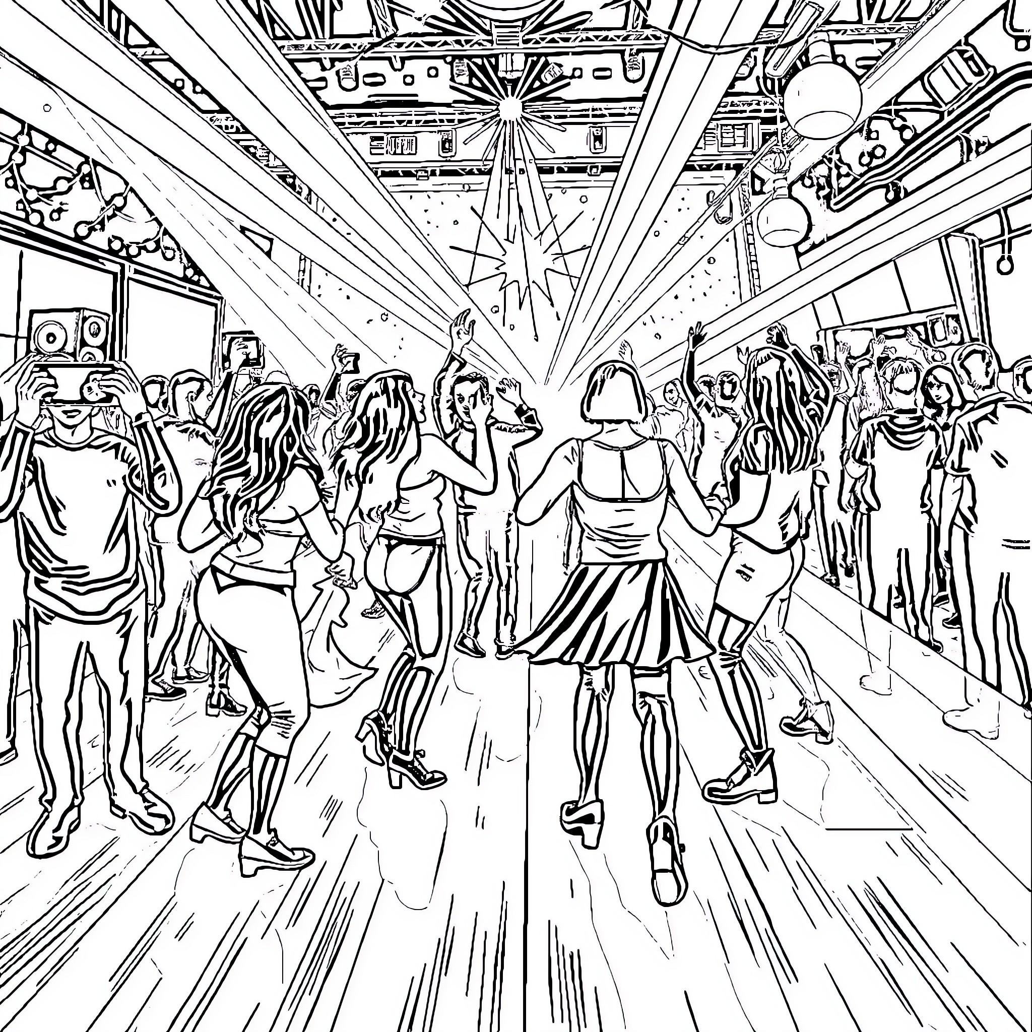 Super Choque: Lively Dance Party Celebration Coloring Page (free black-and-white line drawing printable PDF for all, from beginners to advanced learners, including children, teens, adults, and seniors)