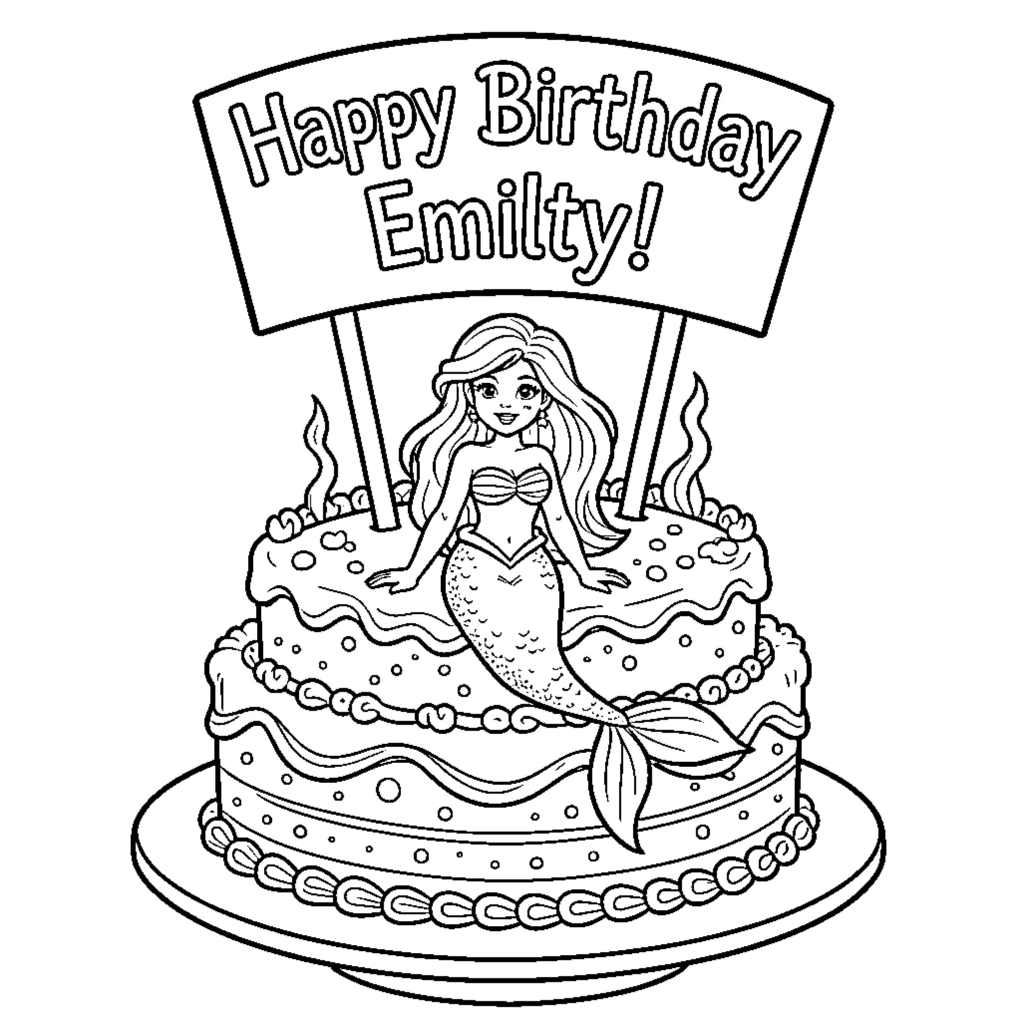 Little Mermaid Birthday Cake with Party Banner Coloring Page (free black-and-white line drawing printable PDF for all, from beginners to advanced learners, including children, teens, adults, and seniors)
