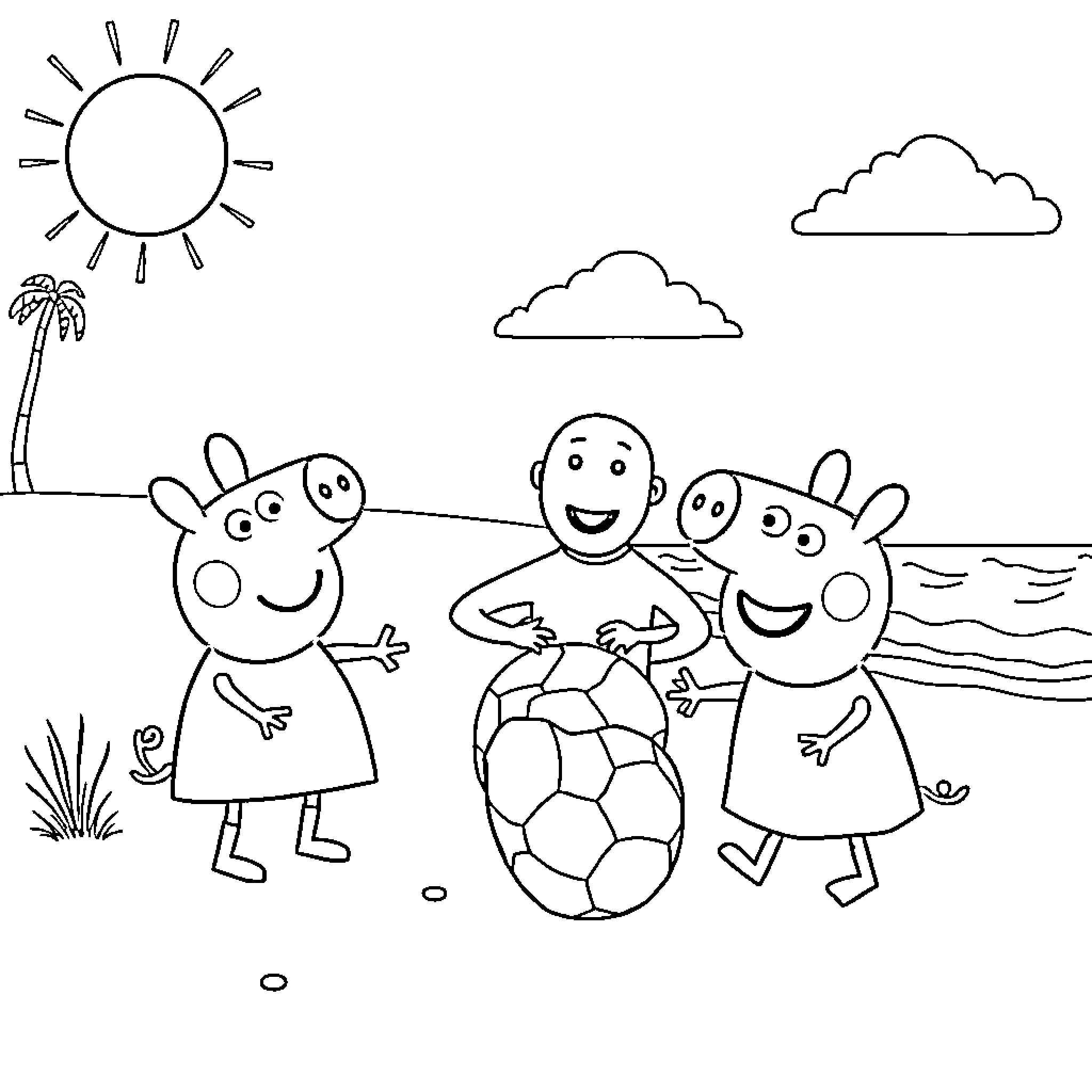 Peppa Pig playing soccer with friends on the beach Coloring Page (free black-and-white line drawing printable PDF for all, from beginners to advanced learners, including children, teens, adults, and seniors)