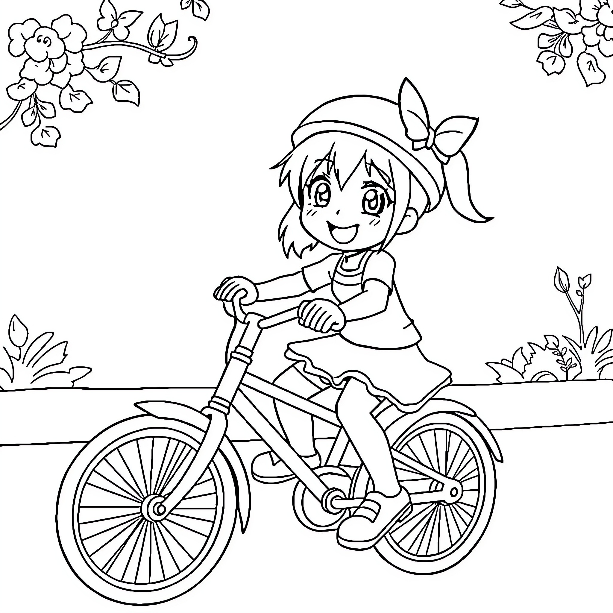 Kuromi riding a bicycle in a floral garden Coloring Page (free black-and-white line drawing printable PDF for all, from beginners to advanced learners, including children, teens, adults, and seniors)
