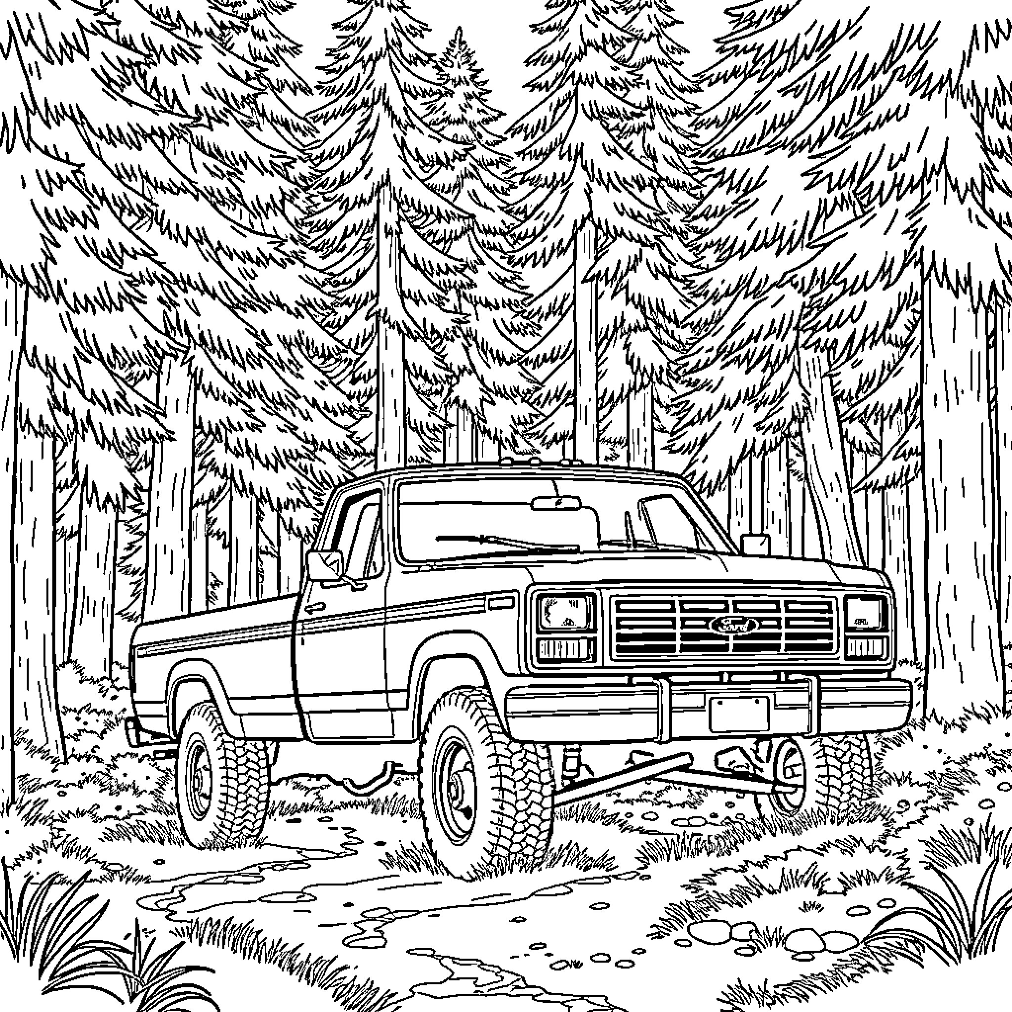 Ford Truck Navigating Through Rugged Forest Landscape Coloring Page (free black-and-white line drawing printable PDF for all, from beginners to advanced learners, including children, teens, adults, and seniors)
