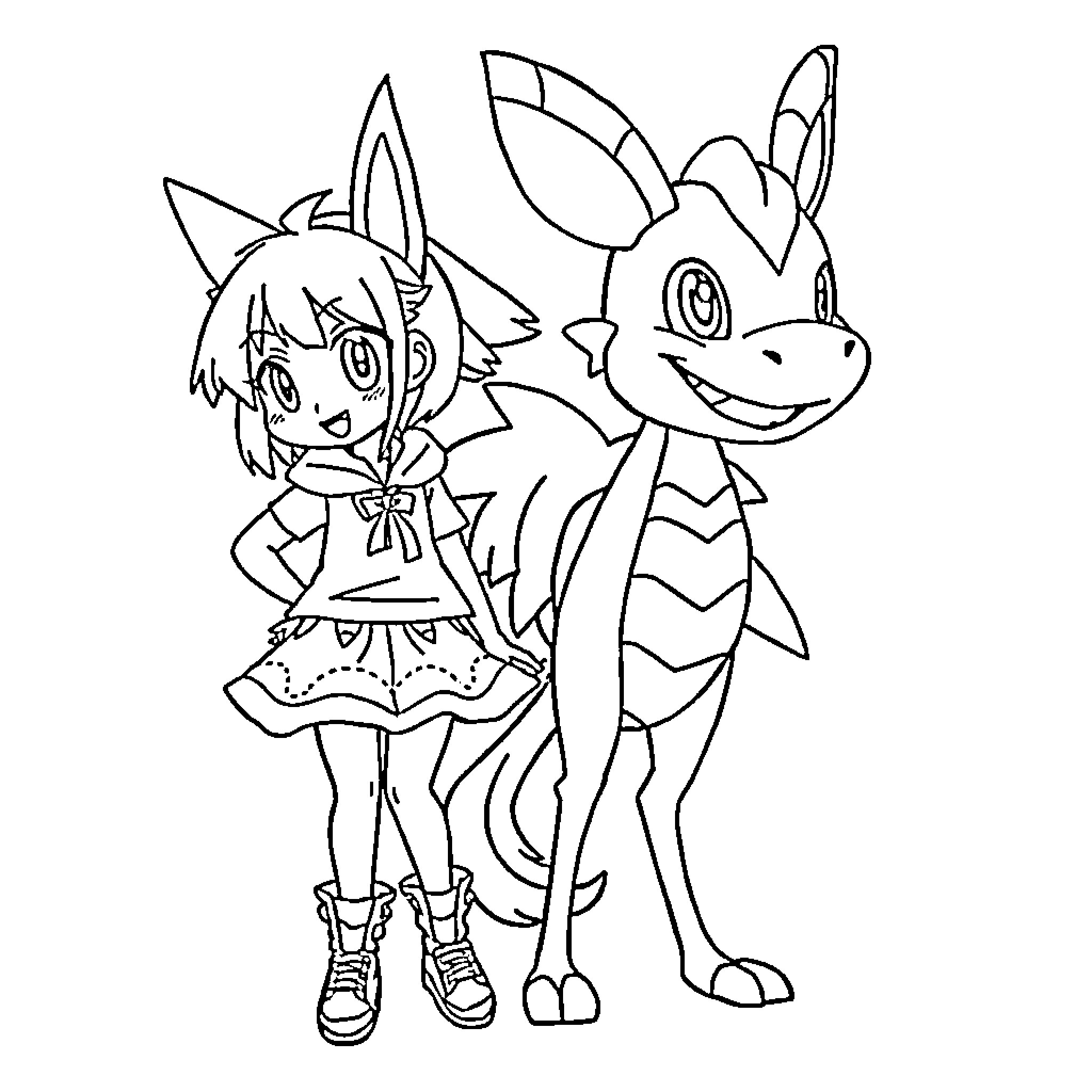 Kuromi and her animated companion posing happily Coloring Page (free black-and-white line drawing printable PDF for all, from beginners to advanced learners, including children, teens, adults, and seniors)