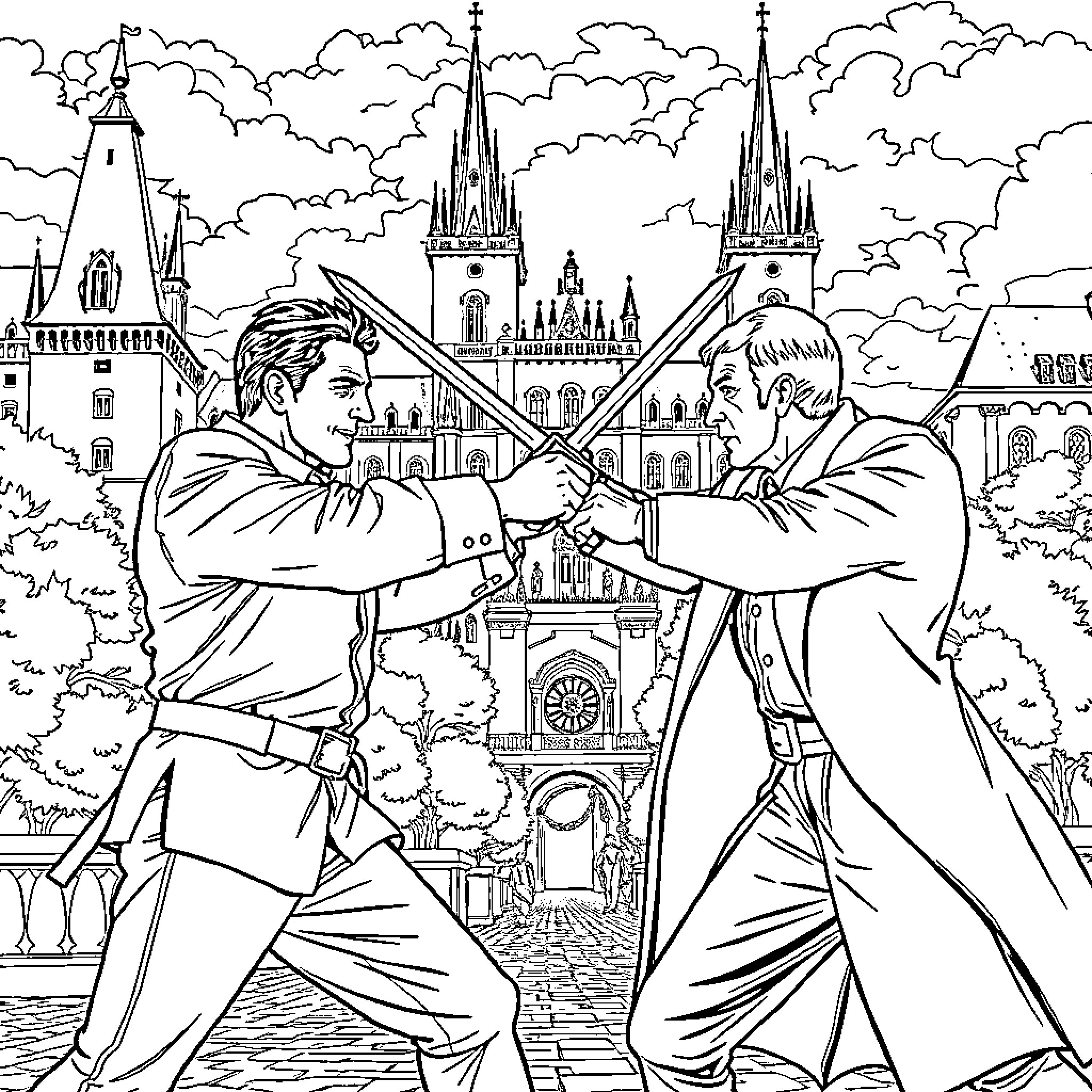 President Ceremoniously Meets with Foreign Dignitary Coloring Page (free black-and-white line drawing printable PDF for all, from beginners to advanced learners, including children, teens, adults, and seniors)