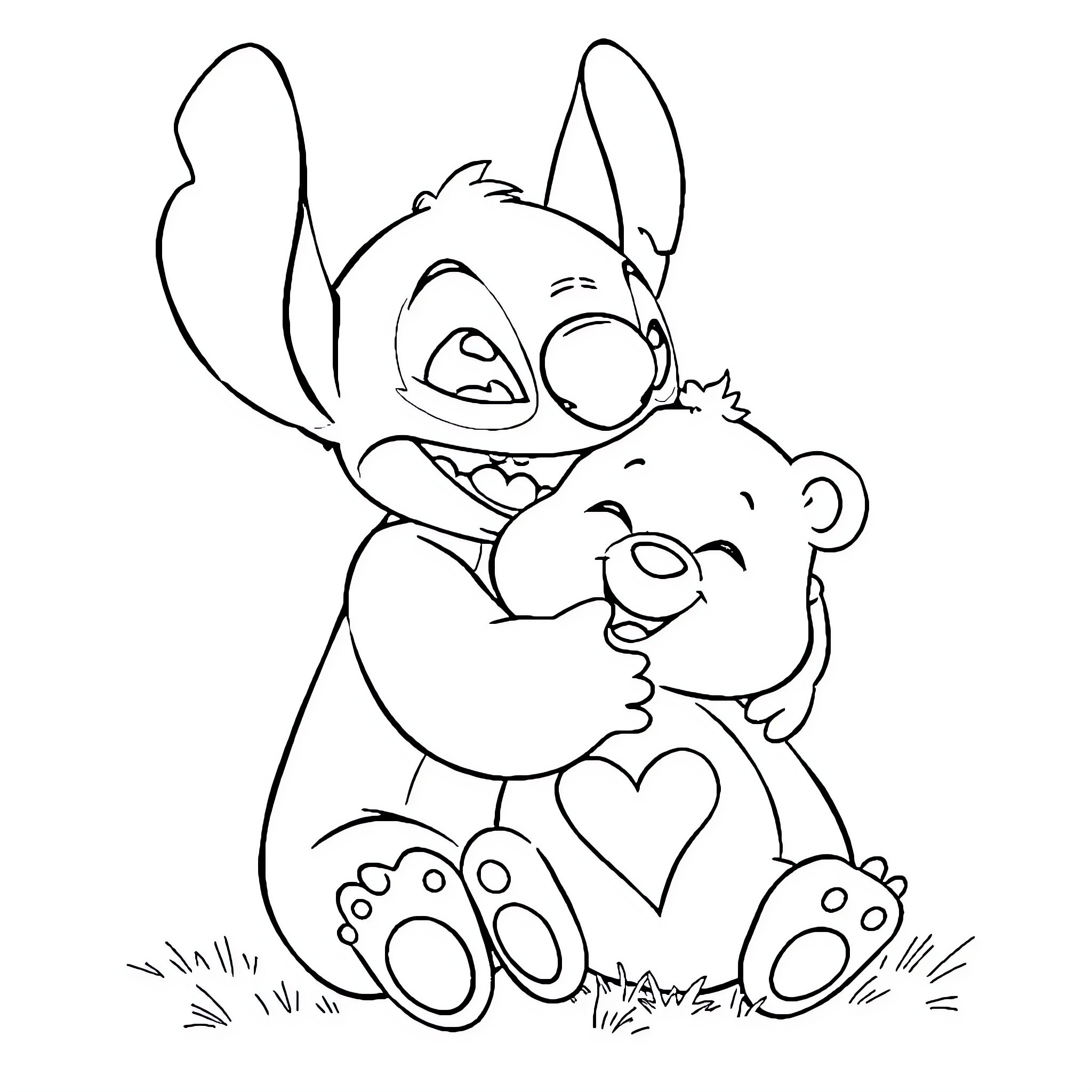 Stitch hugging a plush toy in a friendly manner Coloring Page (free black-and-white line drawing printable PDF for all, from beginners to advanced learners, including children, teens, adults, and seniors)