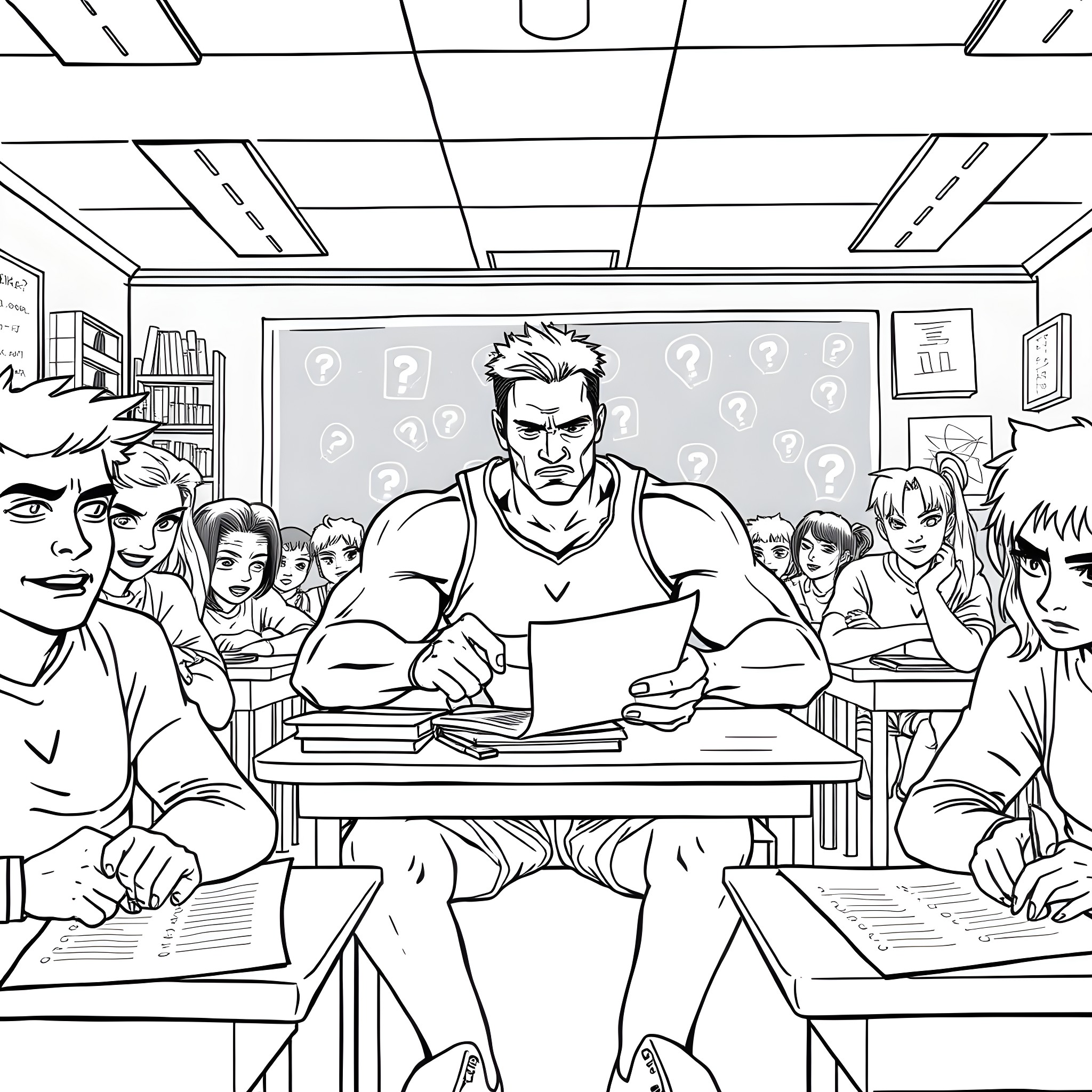 Athlete Studying Hard in Classroom with Classmates Coloring Page (free black-and-white line drawing printable PDF for all, from beginners to advanced learners, including children, teens, adults, and seniors)