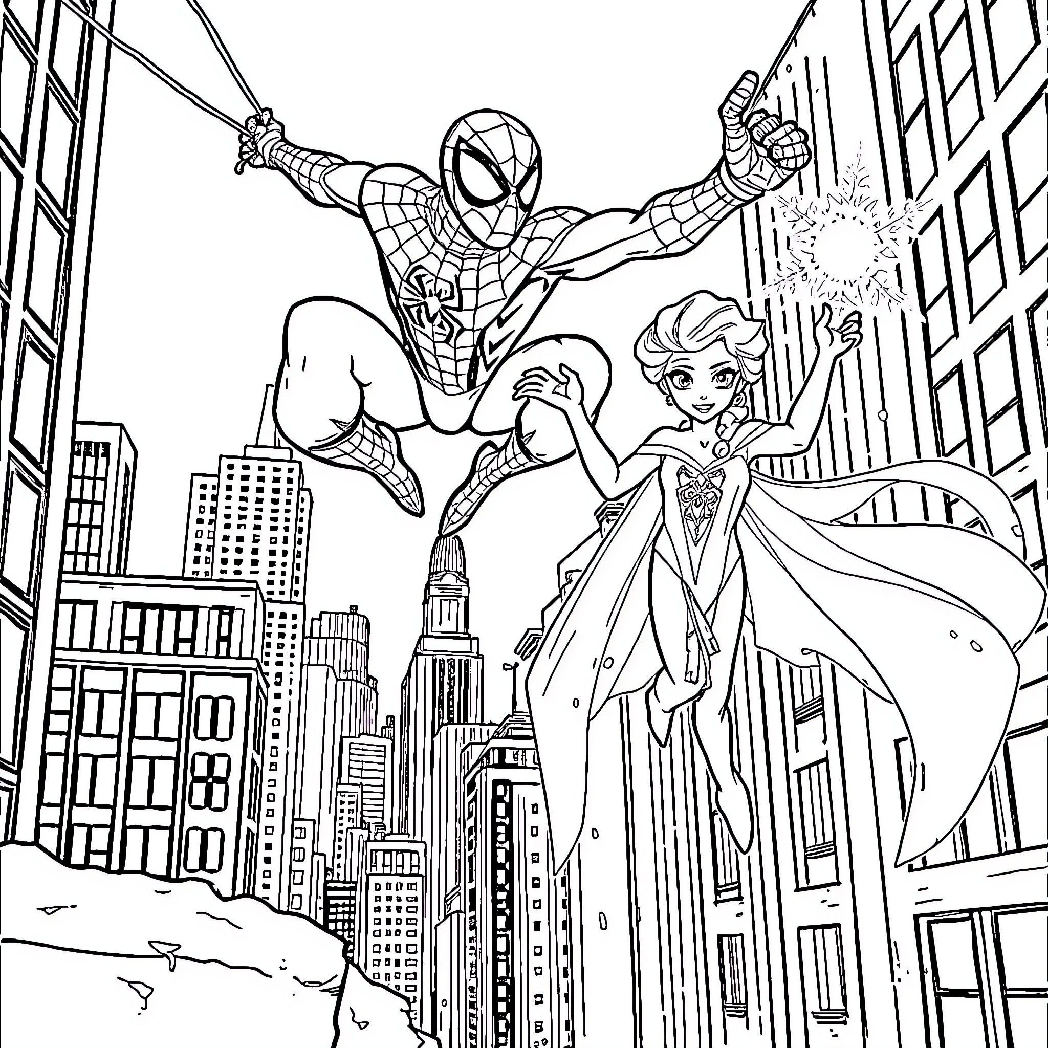 Spider-Man Swinging over City with Elsa Coloring Page (free black-and-white line drawing printable PDF for all, from beginners to advanced learners, including children, teens, adults, and seniors)