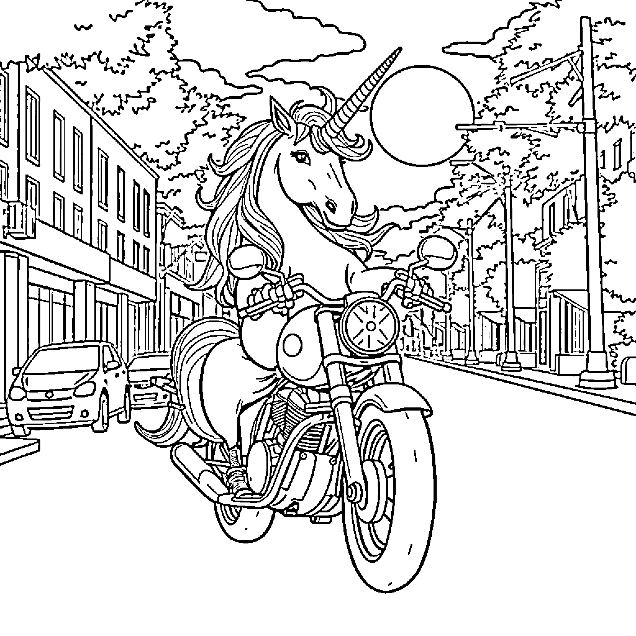 Unicorn riding a motorcycle down a city street Coloring Page (free black-and-white line drawing printable PDF for all, from beginners to advanced learners, including children, teens, adults, and seniors)