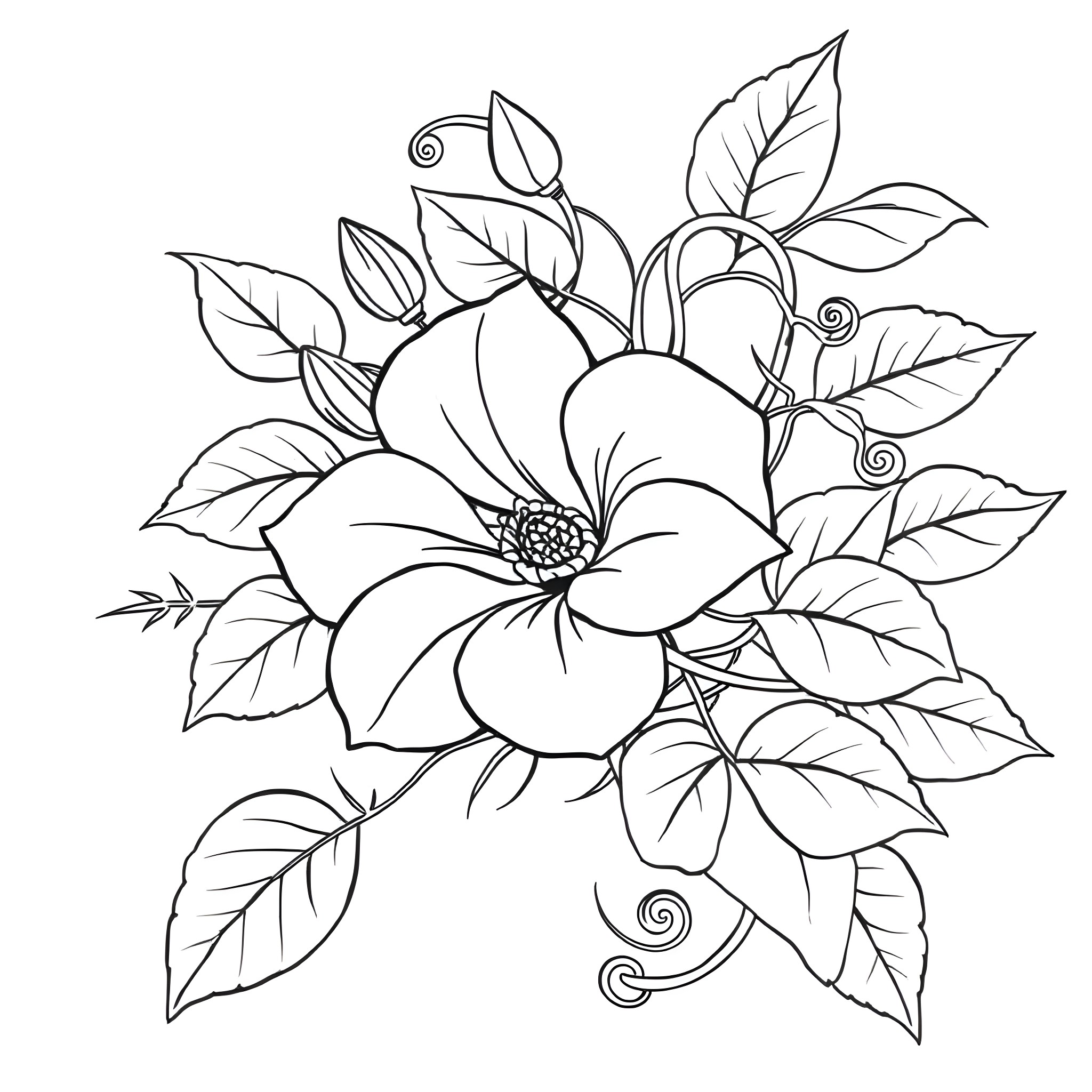 Jasmine's Floral Delight Coloring Page (free black-and-white line drawing printable PDF for all, from beginners to advanced learners, including children, teens, adults, and seniors)