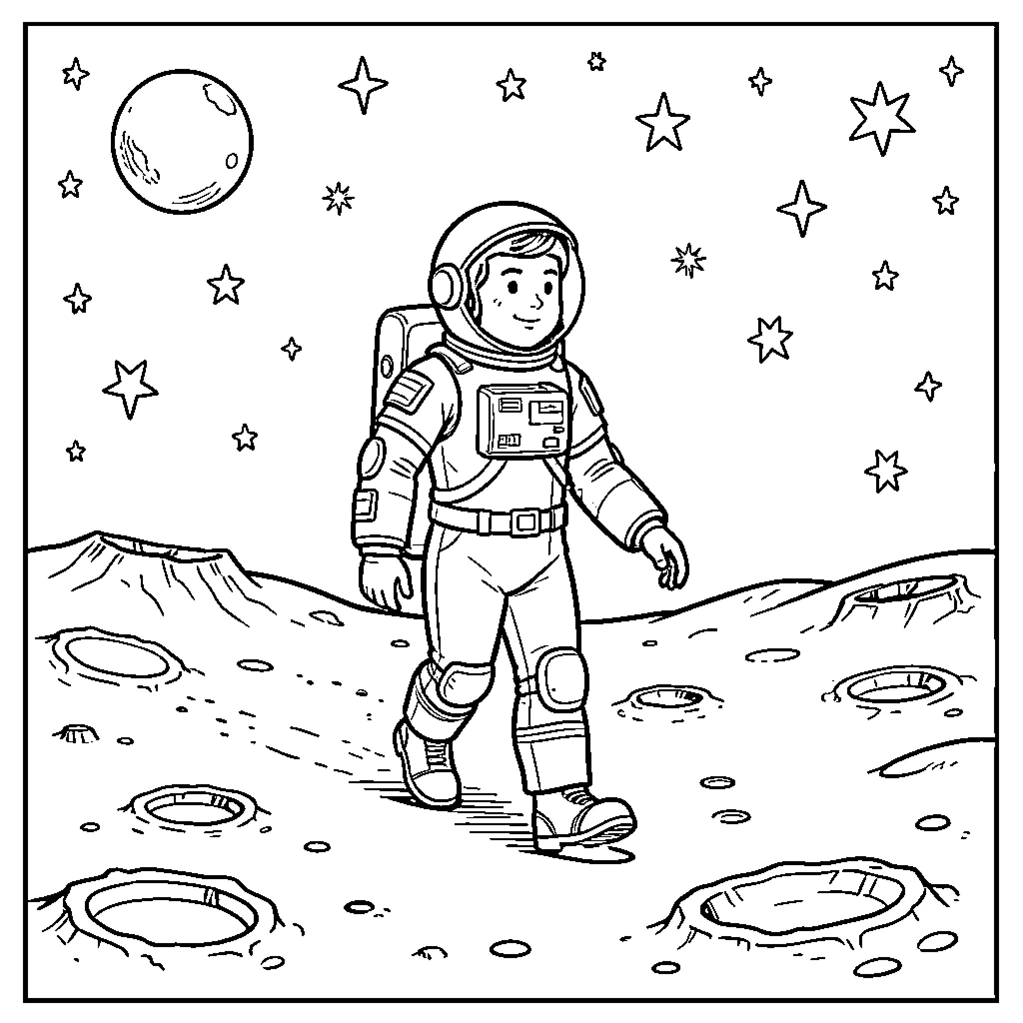 Chase an astronaut exploring the cratered moon surface Coloring Page (free black-and-white line drawing printable PDF for all, from beginners to advanced learners, including children, teens, adults, and seniors)