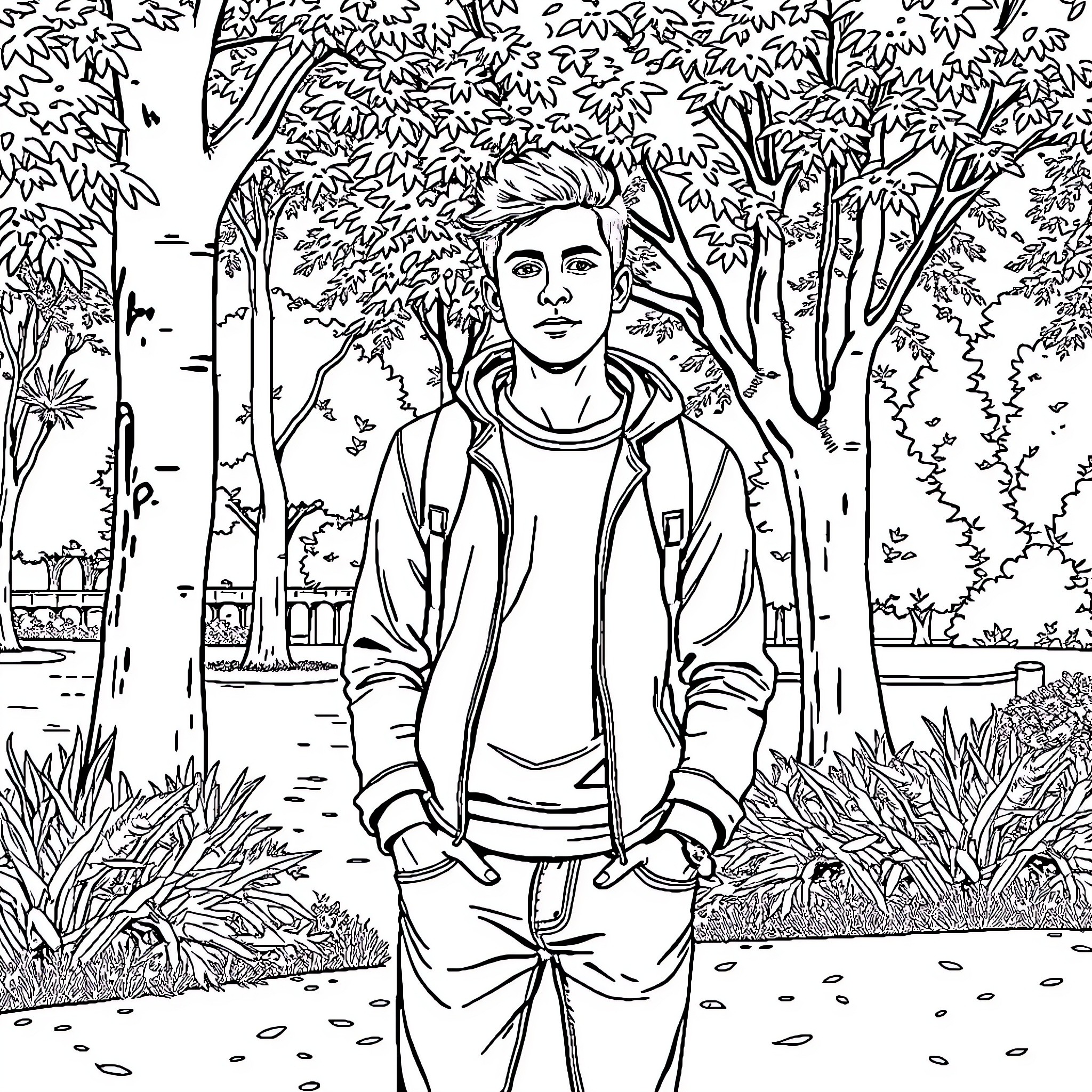 Guy enjoys scenic stroll through forested park Coloring Page (free black-and-white line drawing printable PDF for all, from beginners to advanced learners, including children, teens, adults, and seniors)