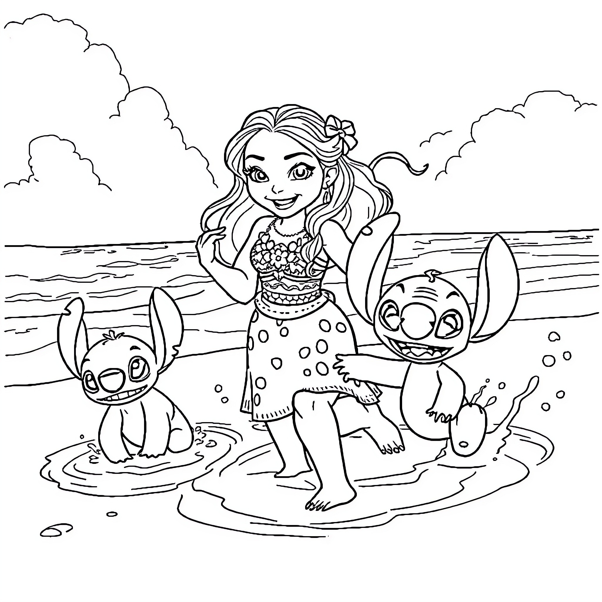Moana enjoying the beach with Stitch Coloring Page (free black-and-white line drawing printable PDF for all, from beginners to advanced learners, including children, teens, adults, and seniors)