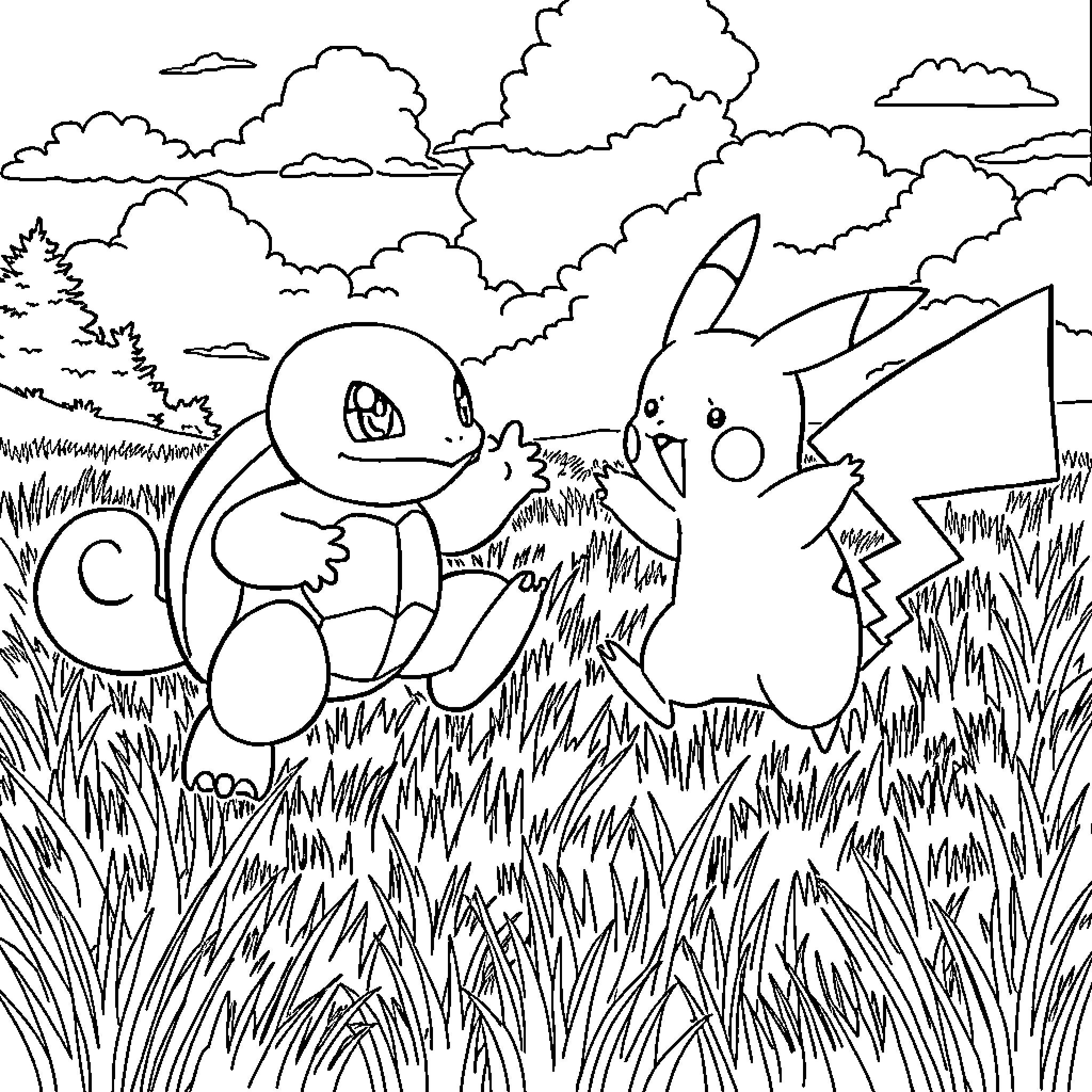 Pokémon playing happily in a grassy field Coloring Page (free black-and-white line drawing printable PDF for all, from beginners to advanced learners, including children, teens, adults, and seniors)