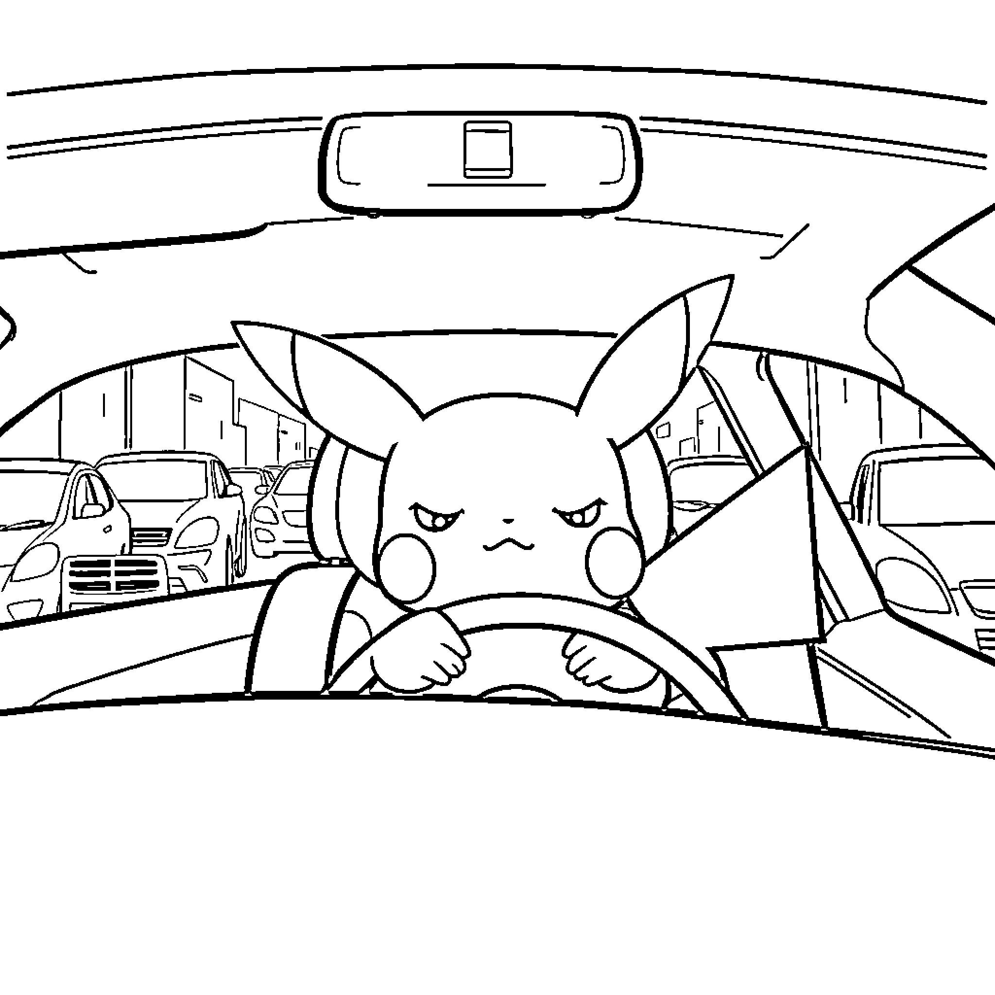 Pikachu driving in a car with a serious expression Coloring Page (free black-and-white line drawing printable PDF for all, from beginners to advanced learners, including children, teens, adults, and seniors)