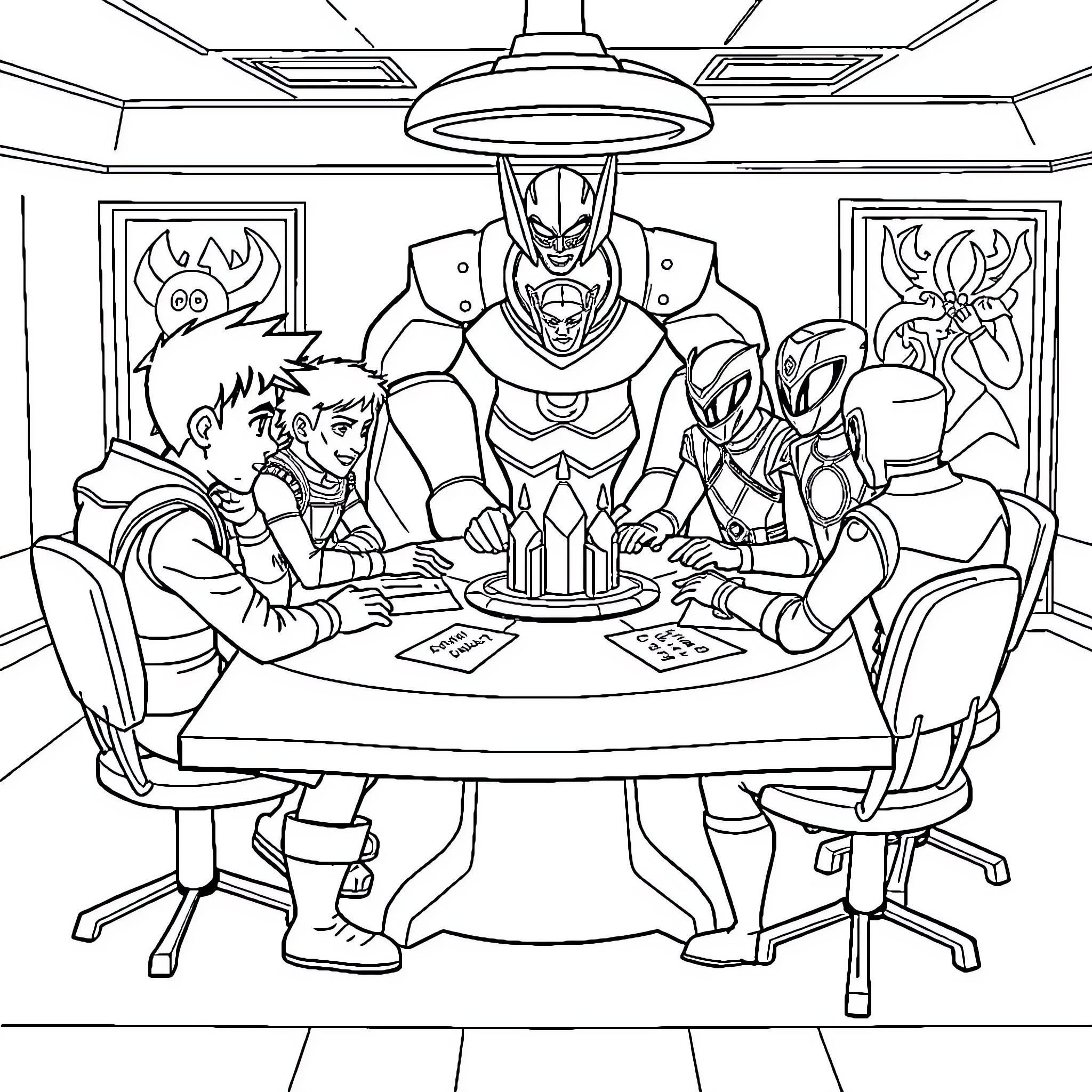 Ben 10 Characters Gathered for a Meeting Coloring Page (free black-and-white line drawing printable PDF for all, from beginners to advanced learners, including children, teens, adults, and seniors)