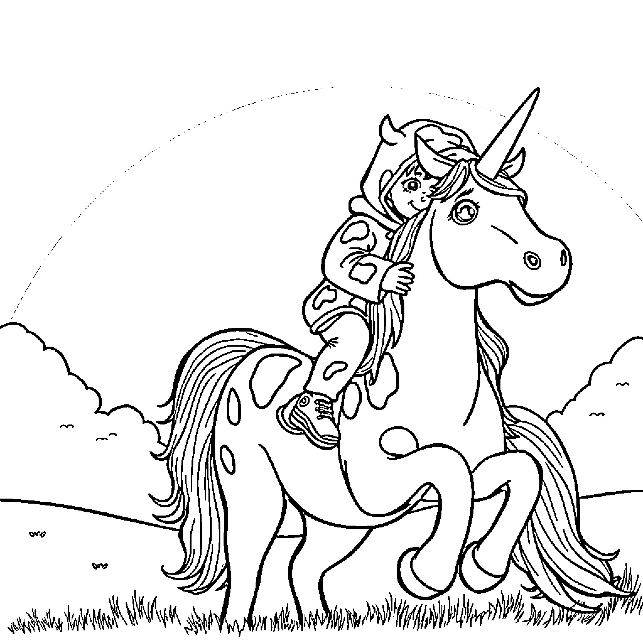Child riding a whimsical unicorn in the meadow Coloring Page (free black-and-white line drawing printable PDF for all, from beginners to advanced learners, including children, teens, adults, and seniors)