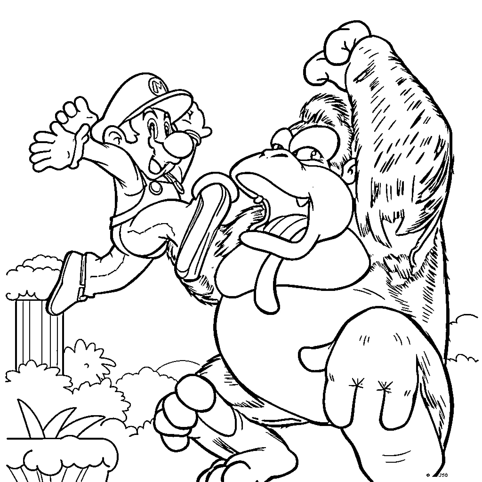 Mario fighting a giant enemy in the wilderness Coloring Page (free black-and-white line drawing printable PDF for all, from beginners to advanced learners, including children, teens, adults, and seniors)