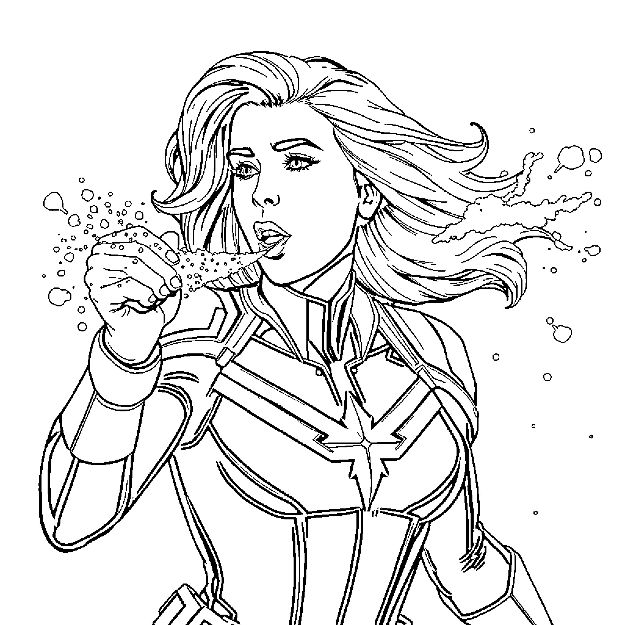 Captain Marvel in action with cosmic powers Coloring Page (free black-and-white line drawing printable PDF for all, from beginners to advanced learners, including children, teens, adults, and seniors)
