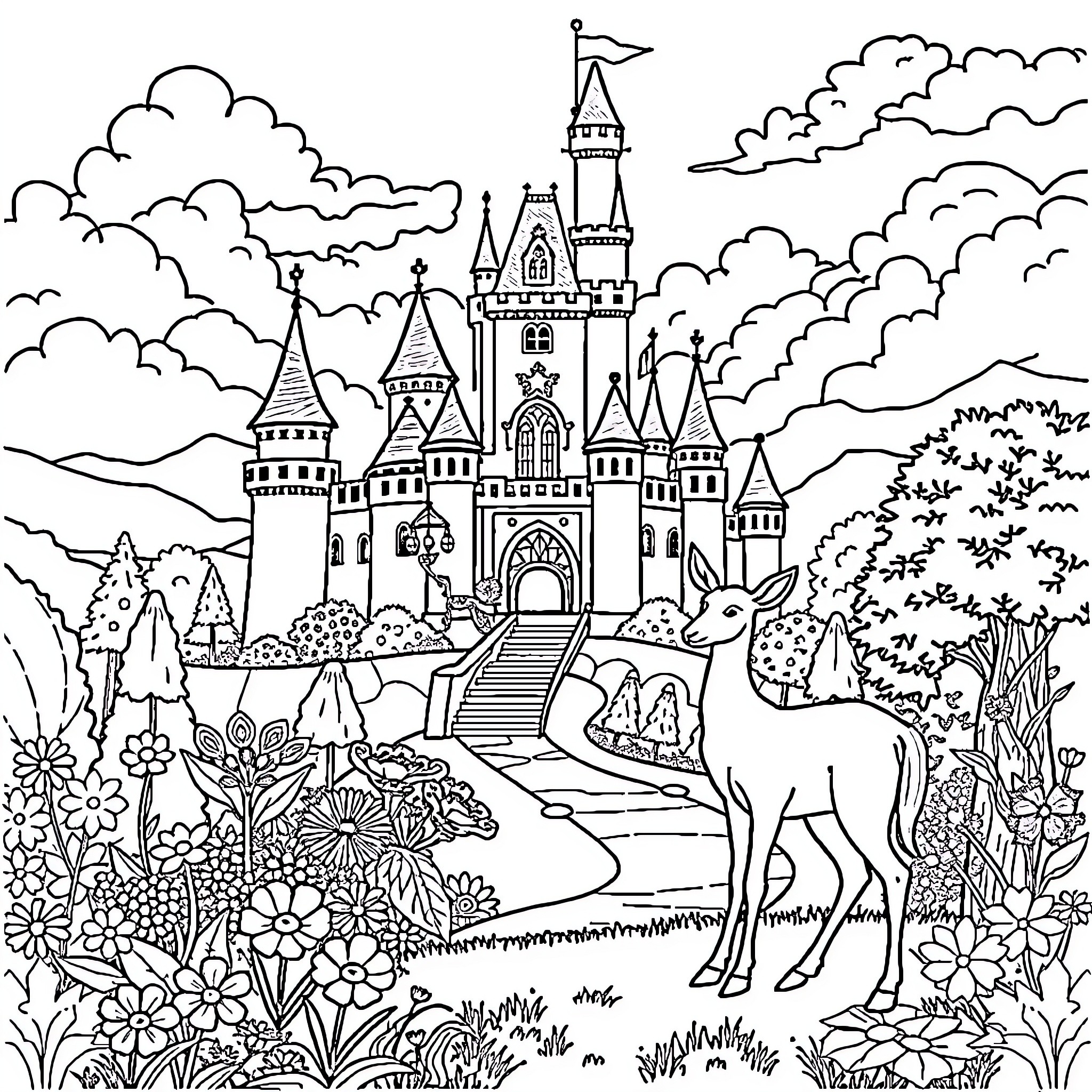 Castle in a Magical Landscape with Deer Coloring Page (free black-and-white line drawing printable PDF for all, from beginners to advanced learners, including children, teens, adults, and seniors)