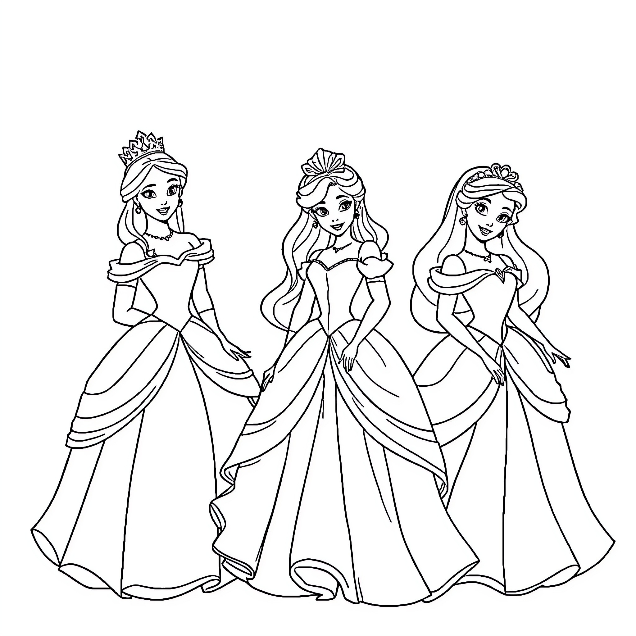 Disney Princesses in Elegant Dresses Coloring Page (free black-and-white line drawing printable PDF for all, from beginners to advanced learners, including children, teens, adults, and seniors)