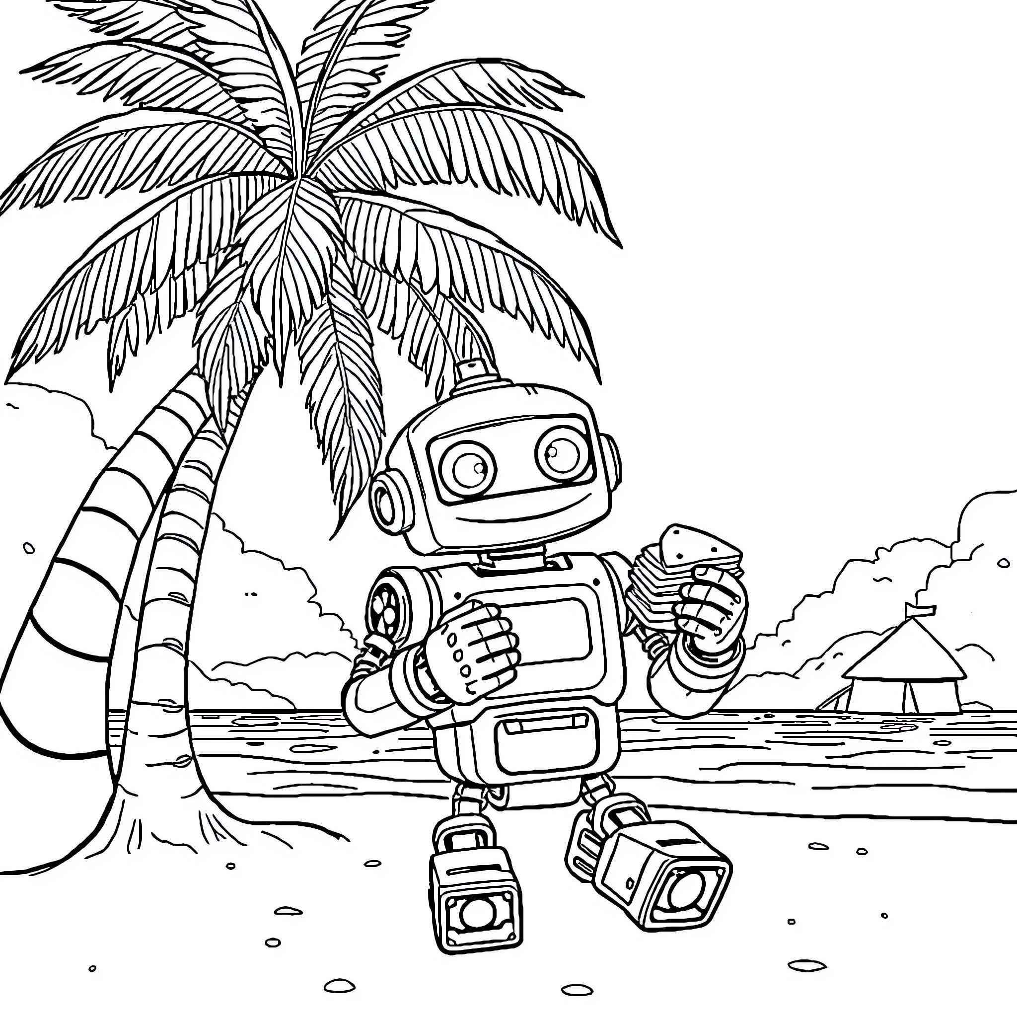 Robot exploring tropical island paradise Coloring Page (free black-and-white line drawing printable PDF for all, from beginners to advanced learners, including children, teens, adults, and seniors)
