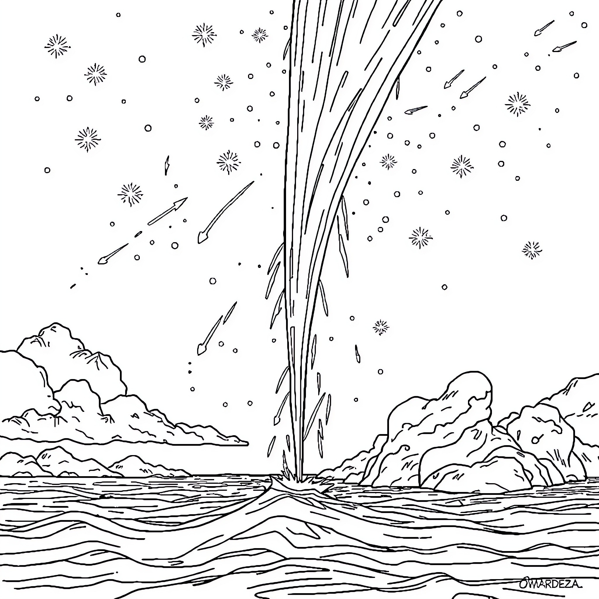Meteorite Shower Over Tranquil Ocean Landscape Coloring Page (free black-and-white line drawing printable PDF for all, from beginners to advanced learners, including children, teens, adults, and seniors)