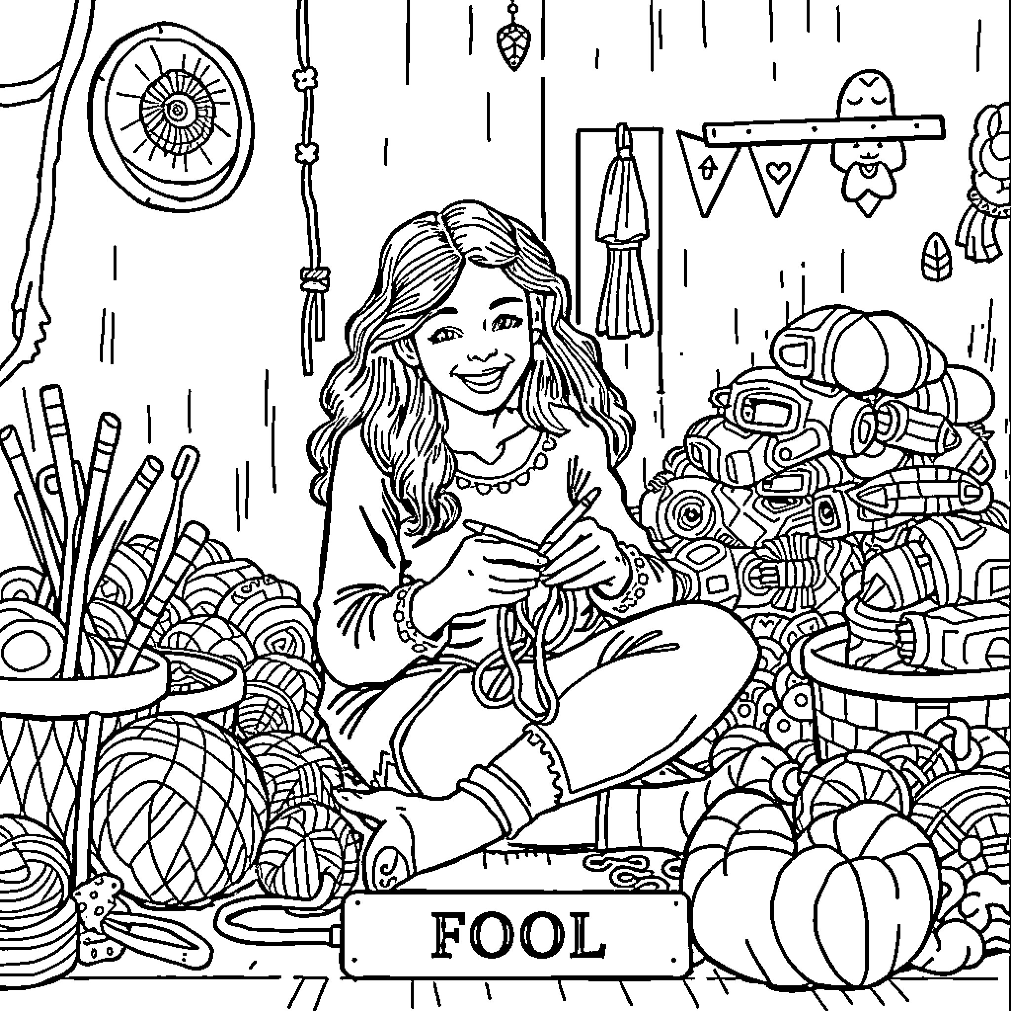 Fool crafting amidst whimsical decor Coloring Page (free black-and-white line drawing printable PDF for all, from beginners to advanced learners, including children, teens, adults, and seniors)