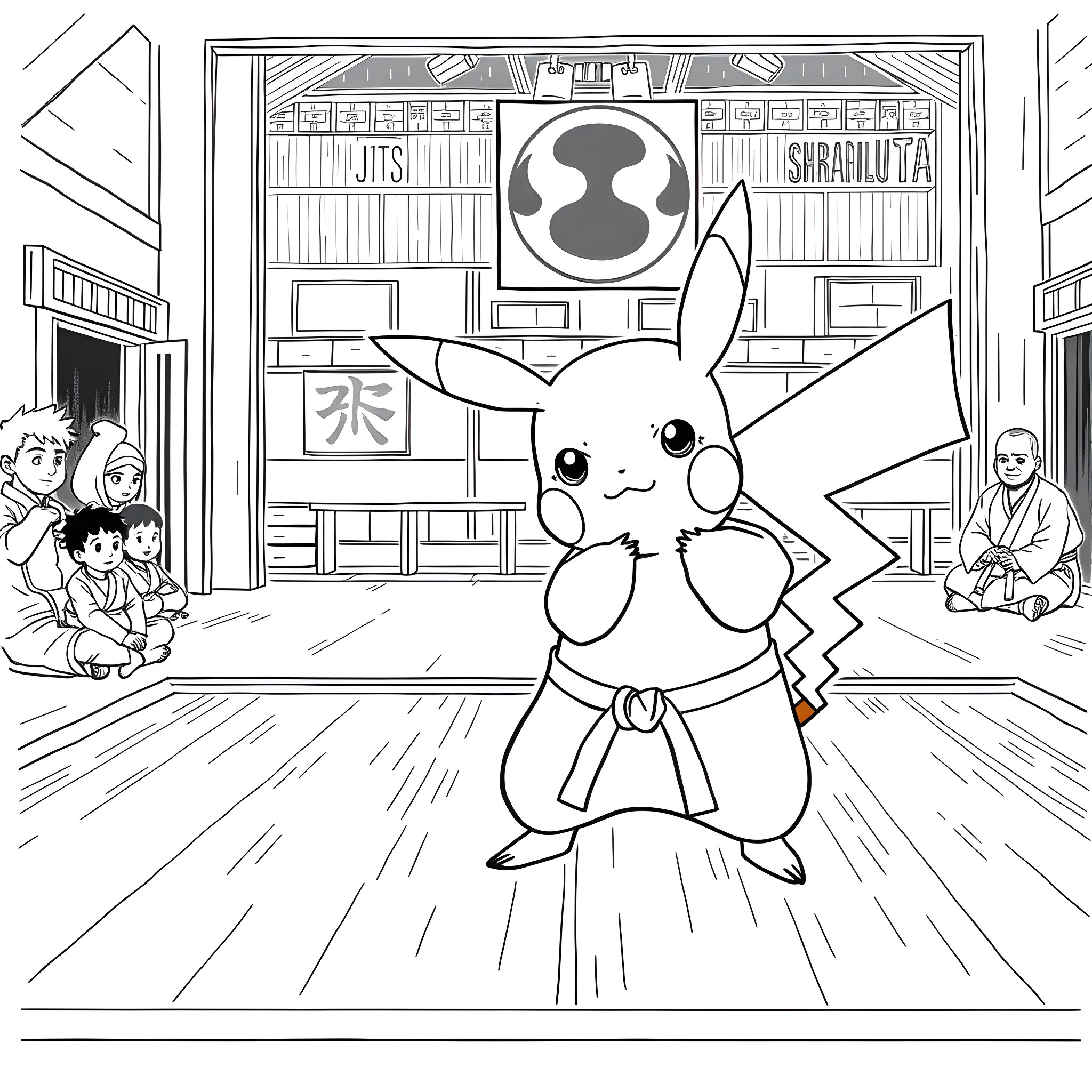 Pikachu performing martial arts in a dojo Coloring Page (free black-and-white line drawing printable PDF for all, from beginners to advanced learners, including children, teens, adults, and seniors)