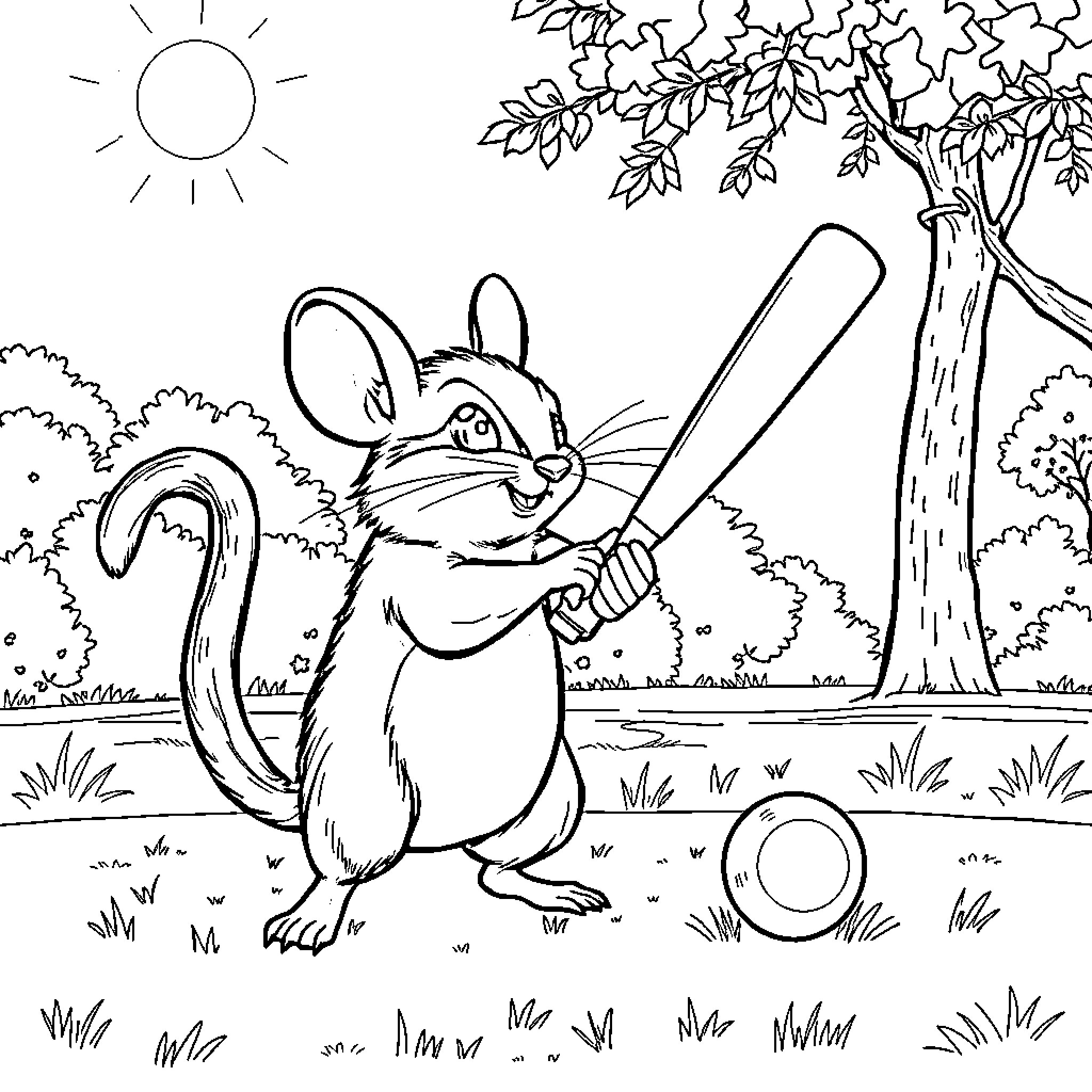 Mouse playing with a ball in the park Coloring Page (free black-and-white line drawing printable PDF for all, from beginners to advanced learners, including children, teens, adults, and seniors)