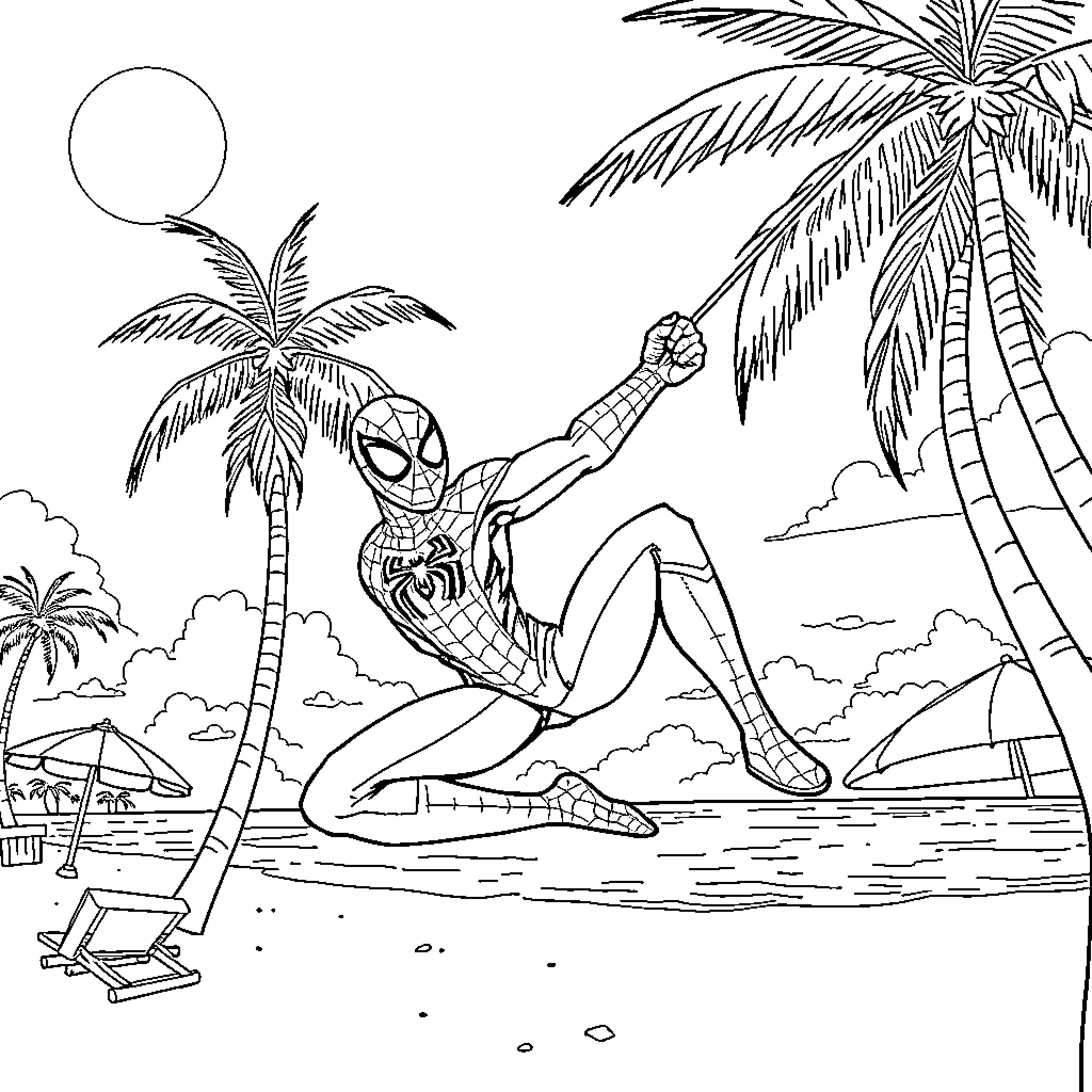 Spiderman swinging on a palm tree near the beach Coloring Page (free black-and-white line drawing printable PDF for all, from beginners to advanced learners, including children, teens, adults, and seniors)